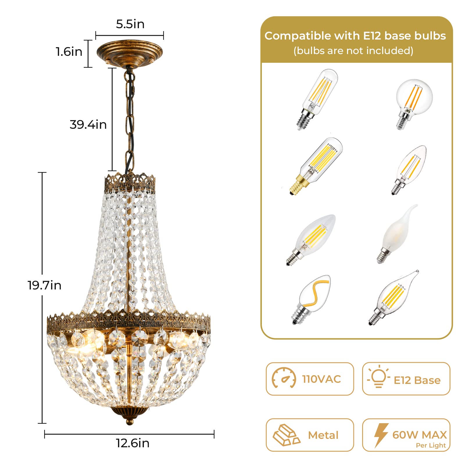 KAIQI Mini Crystal Chandelier, Bronze Metal Pendant Light, 19.7"H x 12.6"W, Ideal for Dining Room, Bedroom, Foyer, Model 8019/4