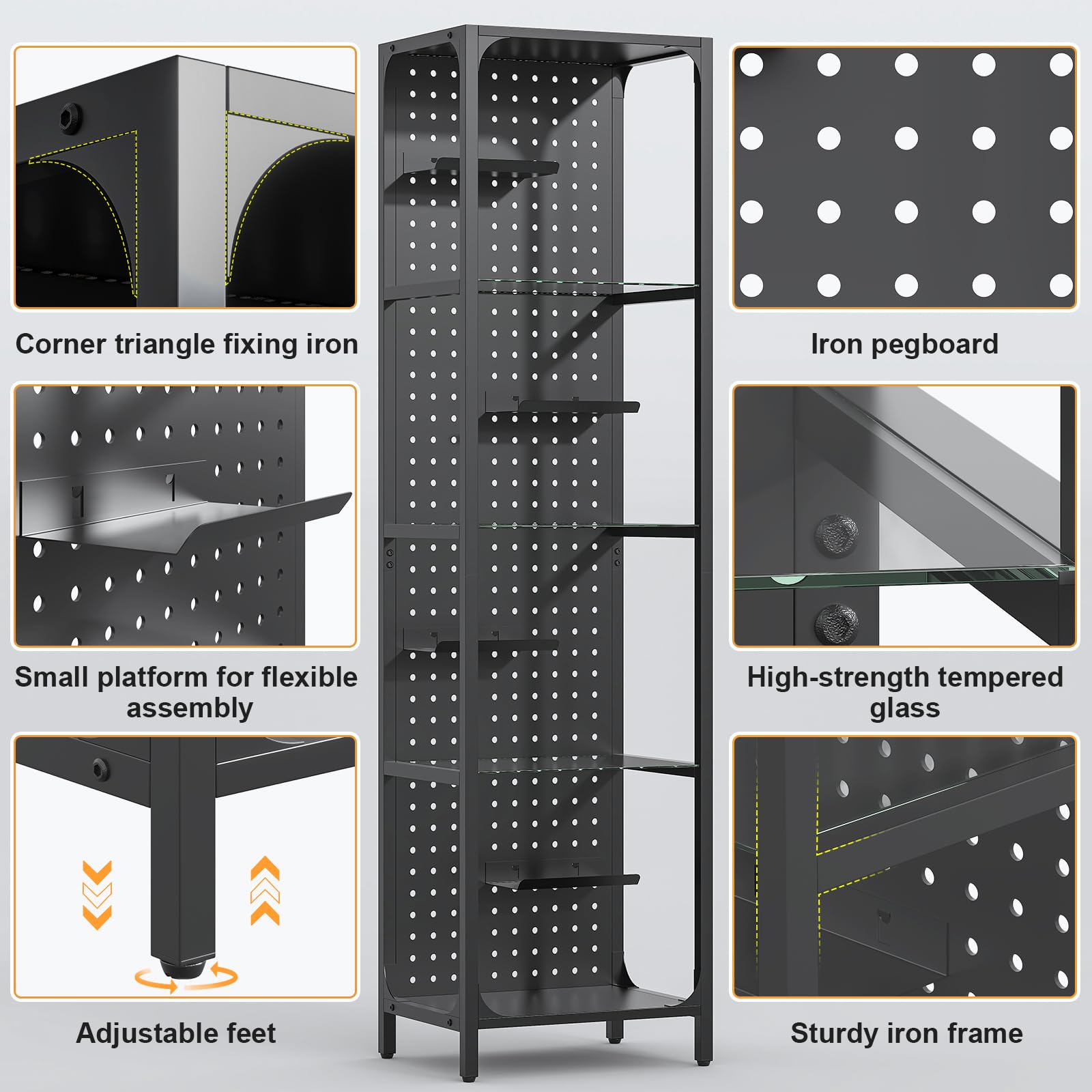 Saudism Glass Display Shelf - LED Black Curio Cabinet, Small, Narrow Pegboard Steel Frame for Collectibles and Gaming Room
