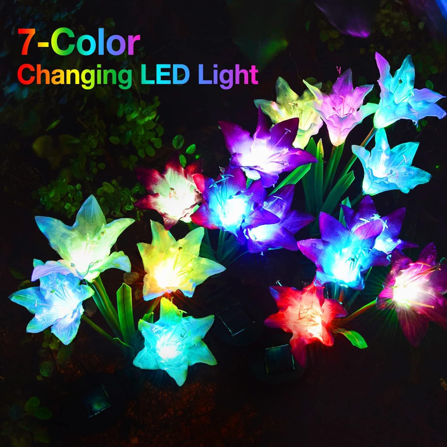Kooper Outdoor Solar Lights, 4 Pack Solar Garden Lights With Bigger Lily Flowers, Waterproof 7 Color Changing Solar Lights Outdo