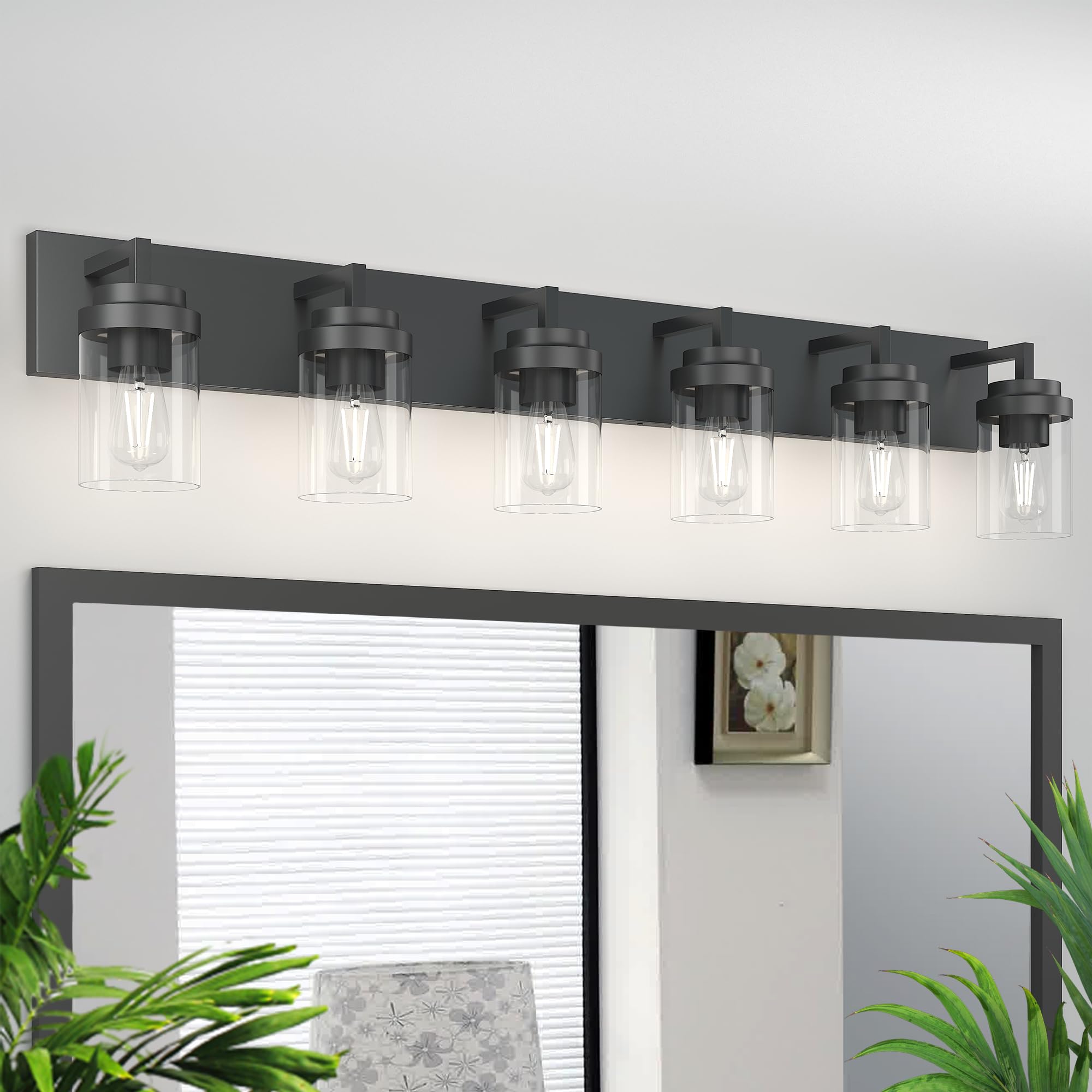 Espird Bathroom Vanity Light, 6 Light Bathroom Light Fixtures Over Mirror, Black Vanity Lights With Clear Glass Shade, Modern Ba