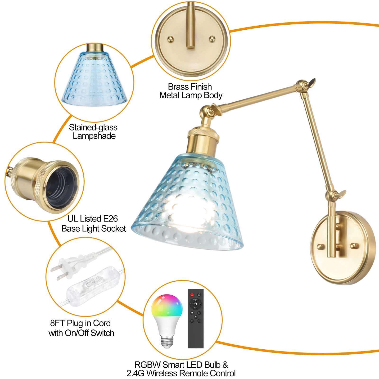 BARSUNS Swing Arm Wall Sconce Set of 2, Metal, Gold & Blue, Adjustable Brightness, Remote Control, Model BS-WL351YB-B2