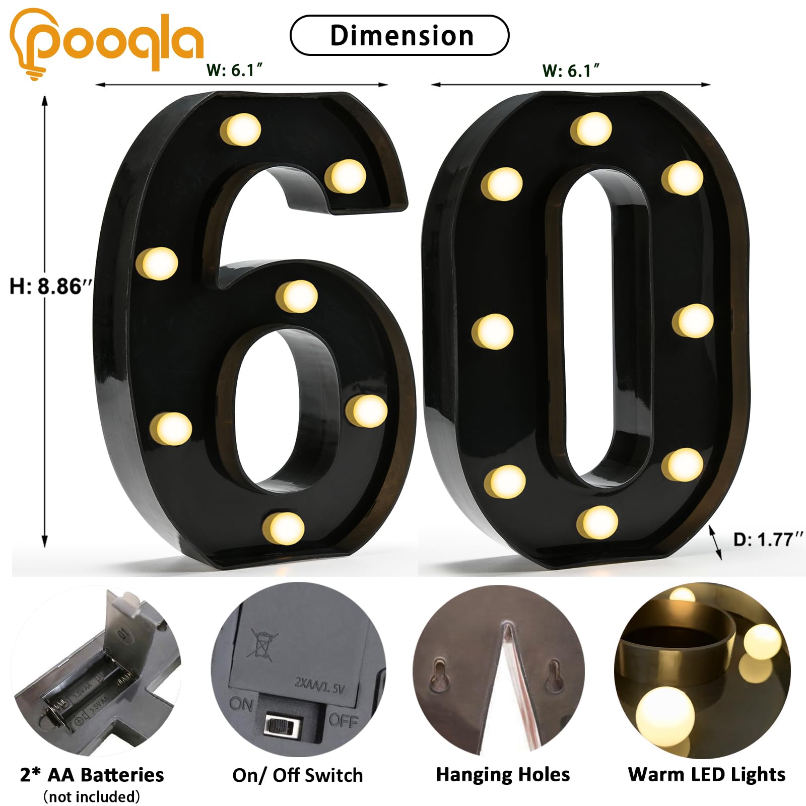 Pooqla Decorative Led Light Up Number Letters, Black Plastic Marquee Number Lights Sign For 60Th Birthday Party Wedding Decor Battery Operated Black Number 60, Ll-Blc-60