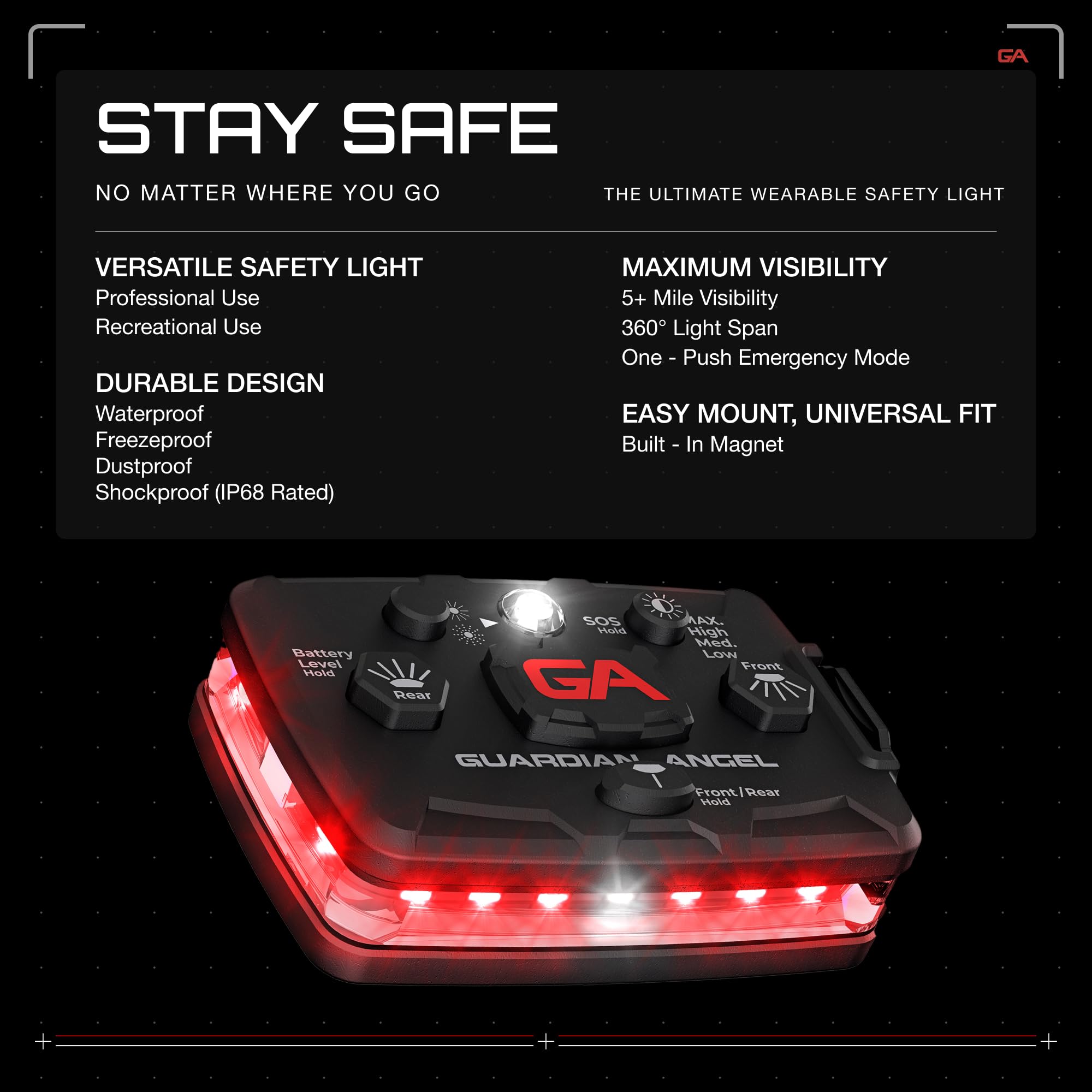 Guardian Angel Elite Series Safety Light - Red Front & Red Rear - Rechargeable, Magnetic, Hands-Free Wearable & Mountable Led Li