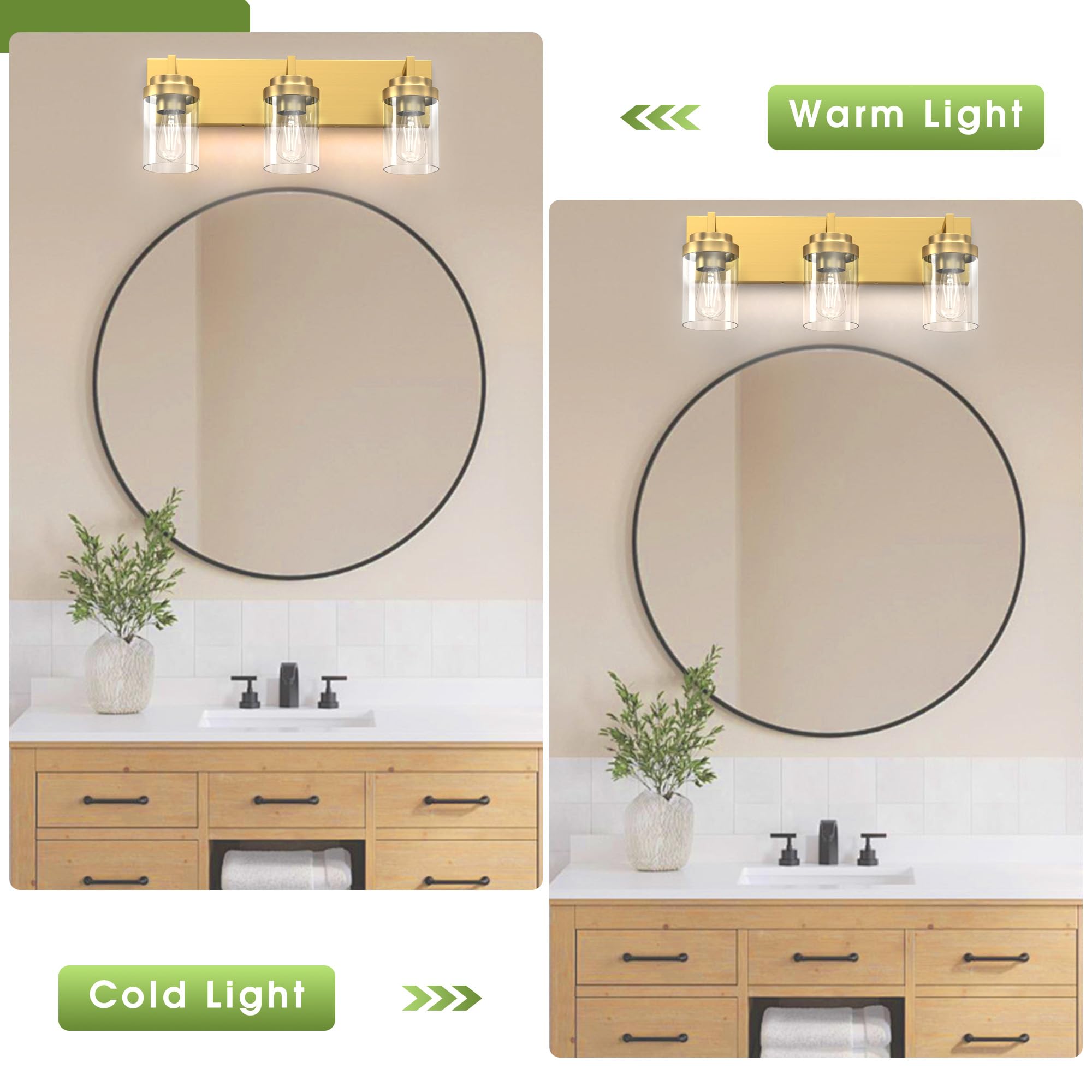 Espird 3-Light Bathroom Vanity Lighting Fixtures, Brass with Glass Shades, Model L08-3-TONG