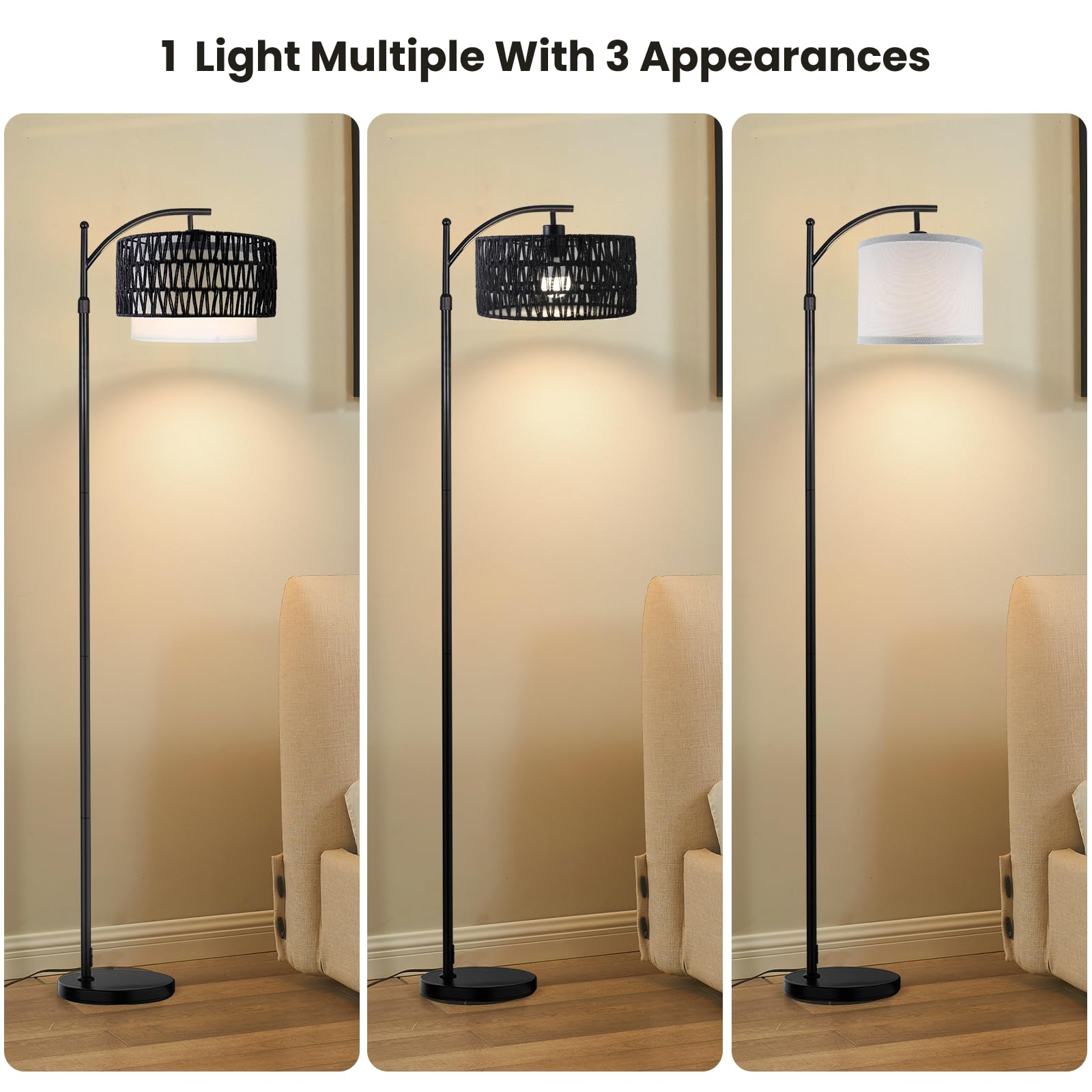 Yusist Arc Floor Lamp For Living Room,Farmhouse Floor Lamps With Remote Control & Dimmable Bulb,Black Rattan Boho Tall Standing