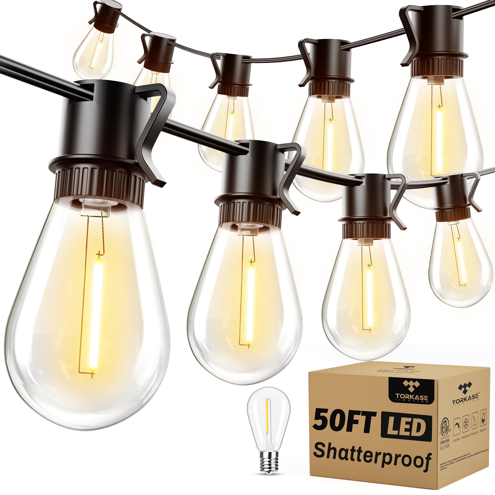 Torkase 50FT Outdoor String Lights, LED S14 Shatterproof Bulbs, Waterproof Dimmable Patio Lights, Warm White, Model GLS-20J2P-E17-S14-