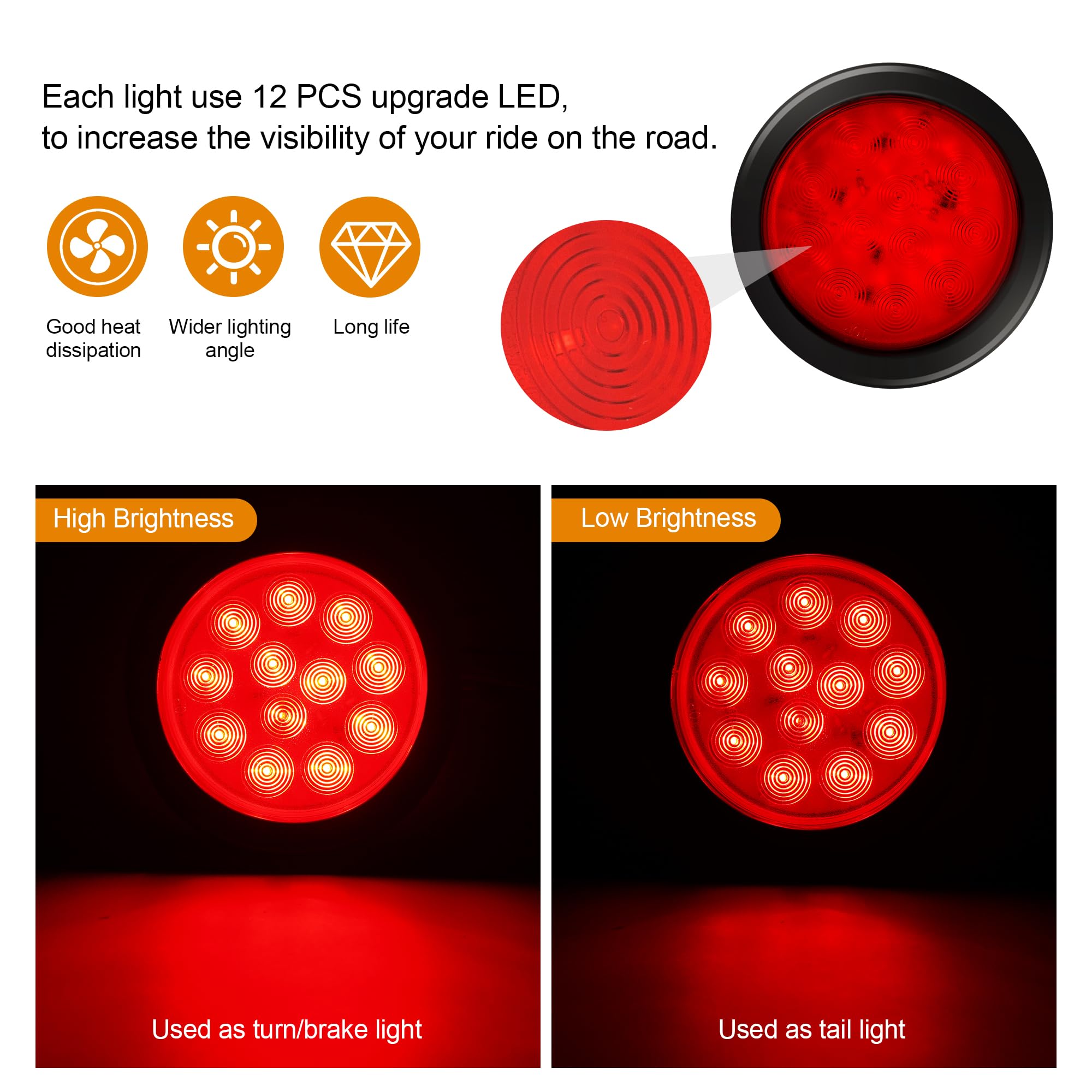 Runhwee 4Pcs 4'' Round Led Trailer Lights Kit Red 12 Led Boat Marker Lights Brake Lights Stop Turn Side Utility Tail Lights Wate