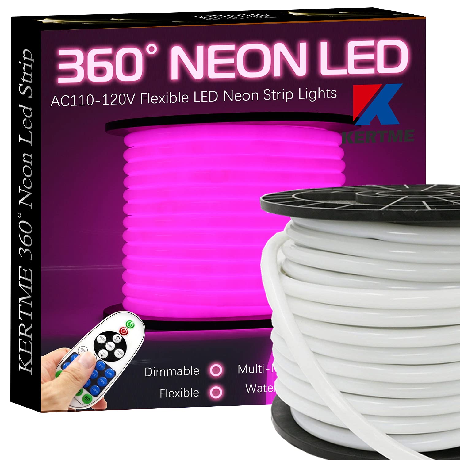 KERTME Neon LED Light Strip, 360° Dimmable, Waterproof, 5m/16.4ft, Pink, Model 360 degree-NEON-P-5M