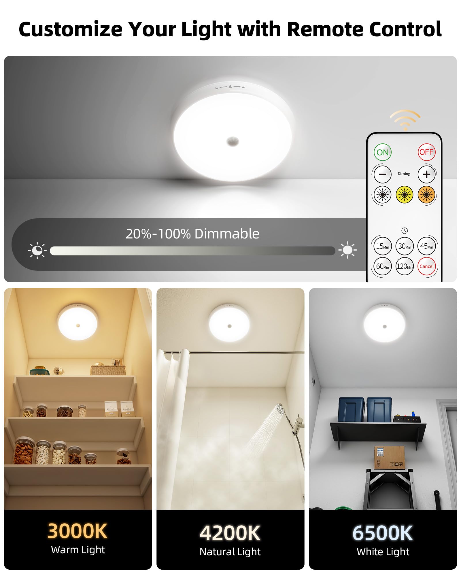 EZVALO Motion Sensor Light Indoor, 3-Pack, 10000mAh, 400LM, LED, Dimmable, Remote Control, Flush Mount, 3 Color Modes