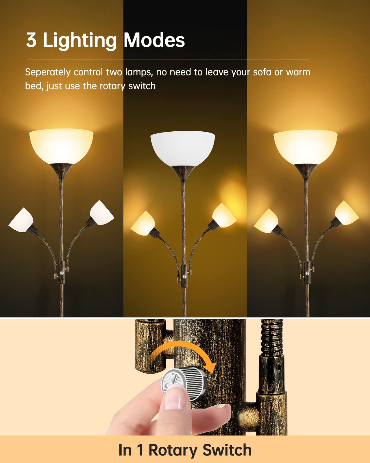 Floor Lamp, Standing Lamp, 71'' Tall Lamps For Living Room, 3 Way Switch, Plastic Lampshade, Torchiere Tree Lamp With Reading Li