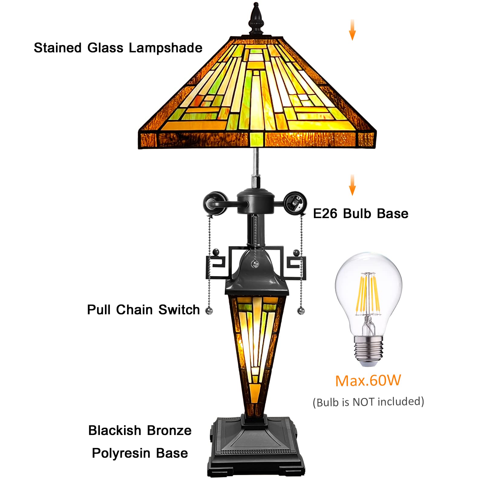 Capulina Tiffany Lamp - Amber Brown Stained Glass Table Lamp, 3-Light, 12x12x23 Inches, Mother-Daughter Vase for Home Office Decor