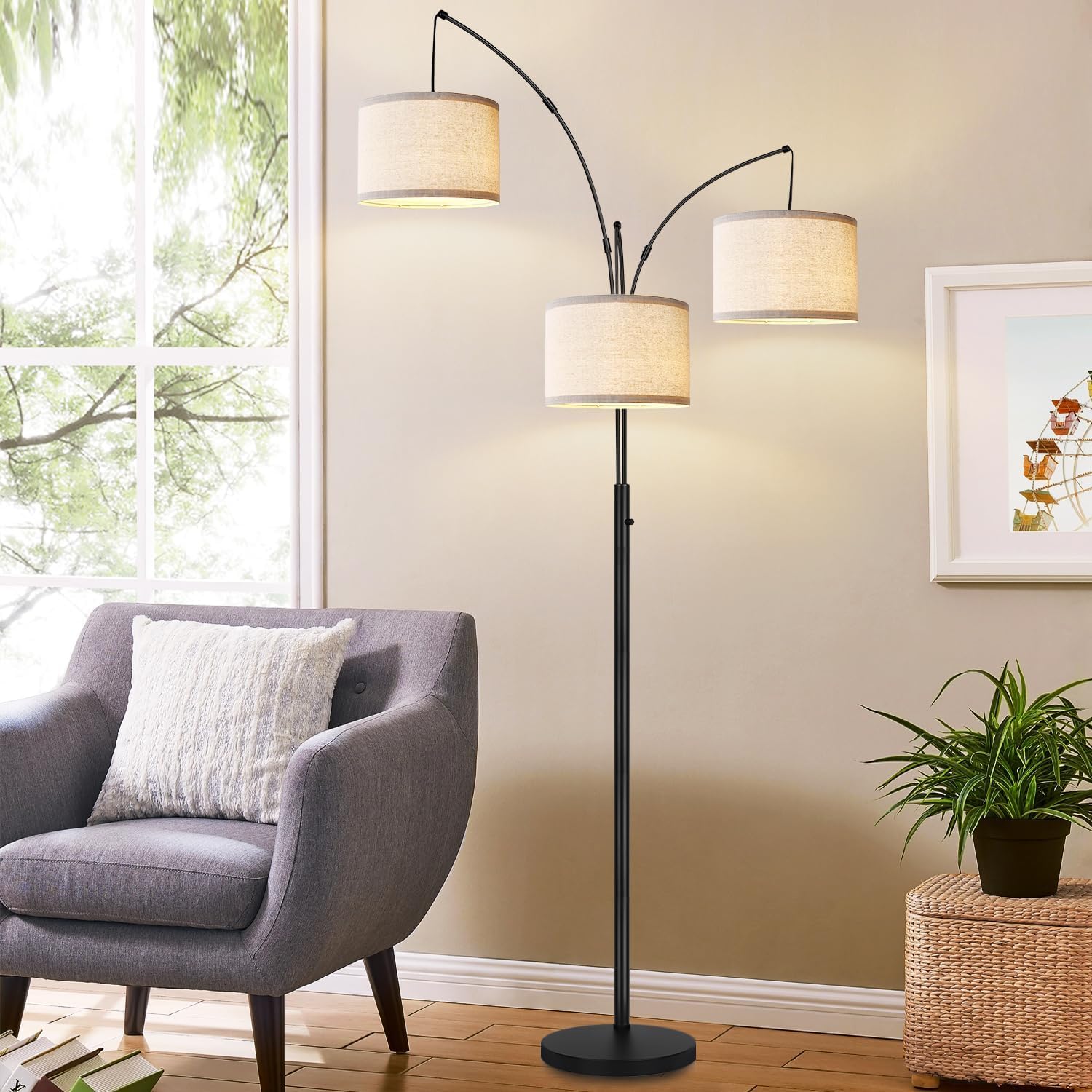 Nintiue Dimmable Floor Lamp - 3 Lights Arc Modern Tall Lamp, 1000LM, Matte Black with White Linen Shades, Model F1378