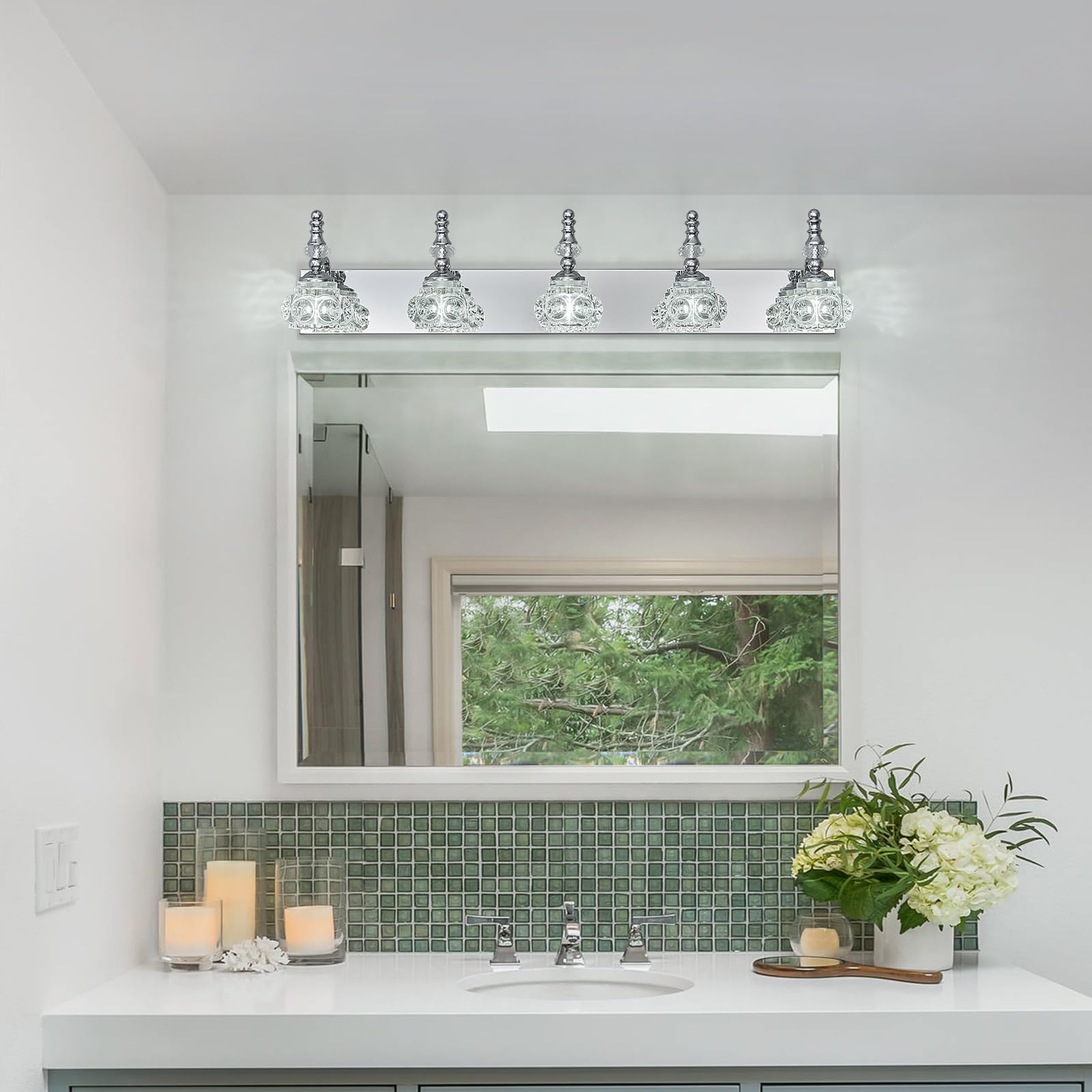 Lbsqj Modern Glass Crystal Vanity Light - Vintage Bathroom Lighting Fixtures Over Mirror  5 Light Vanity Lights  G9 Bulb (35.43 Inch  Chrome)