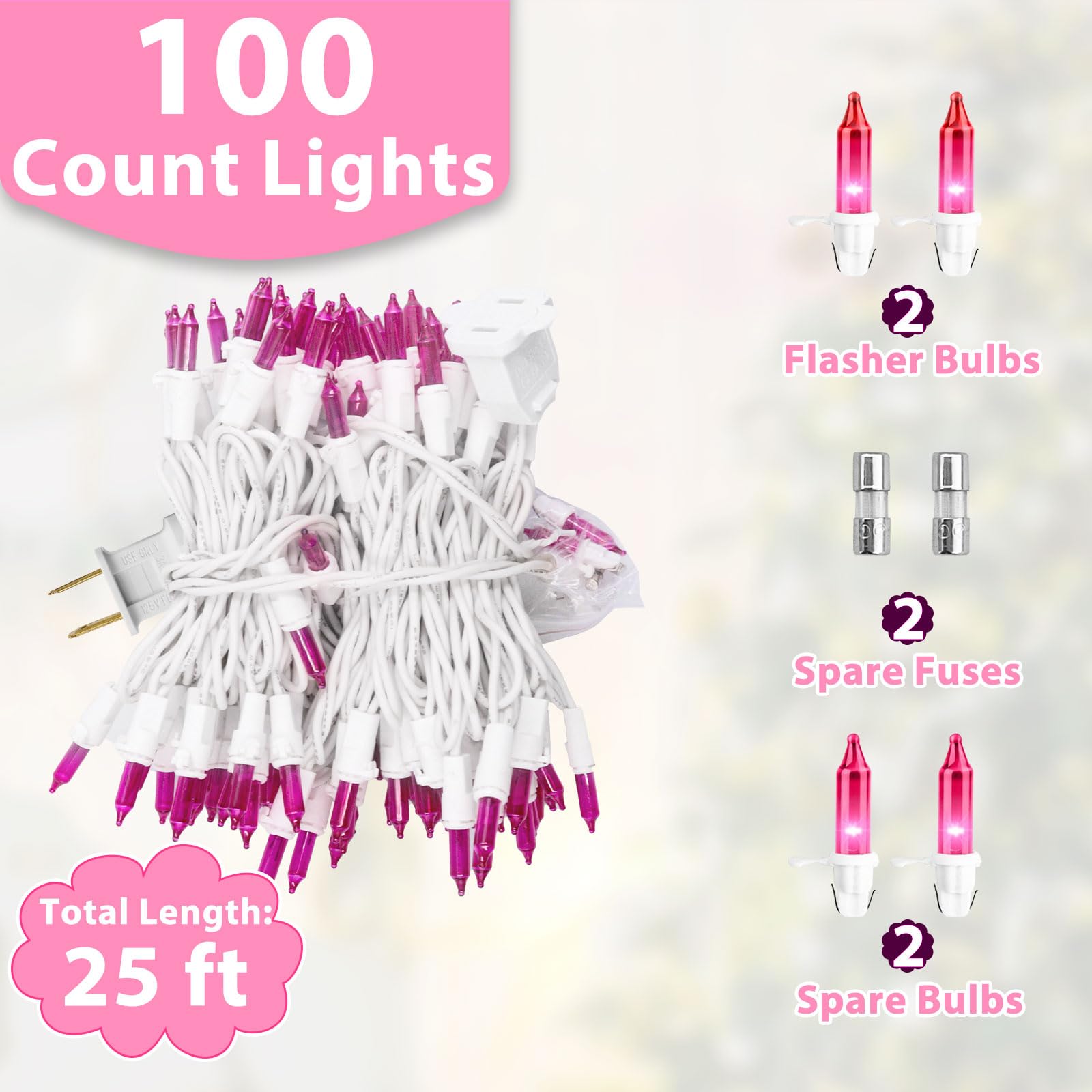 CXLHO Pink Mini Christmas Lights 25FT 100 Bulbs White Wire Indoor Outdoor Decoration