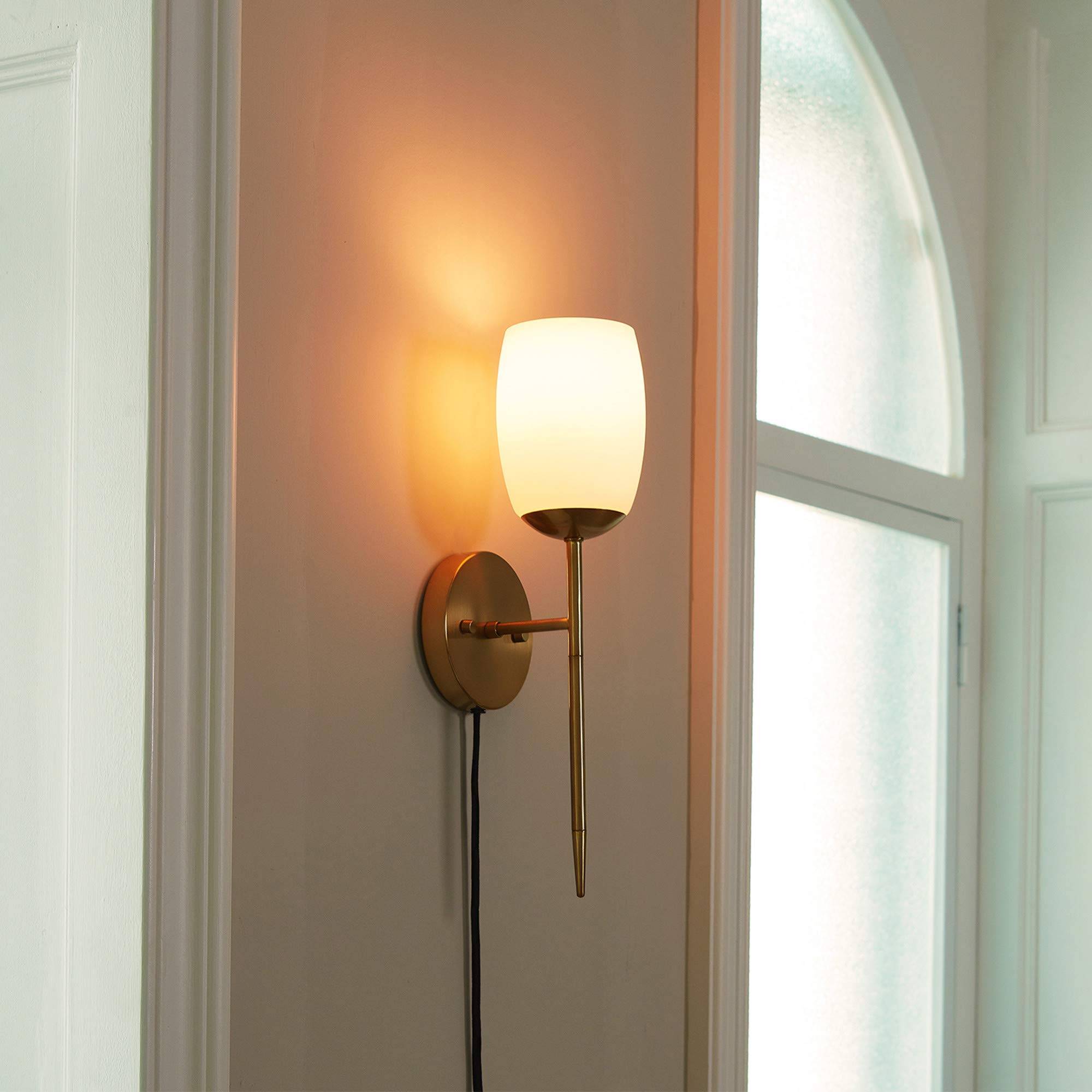 Globe Electric 51635 Wall Sconce, 1-Light, Soft Matte Brass, Opal Glass Shade, Plug-in/Hardwire, Ideal for Bedroom, Kitchen, Living Room