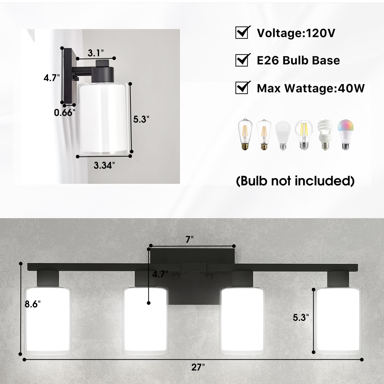 Black Bathroom Light Fixtures Over Mirror, 4 Lights Matte Black Vanity Lights, Modern Black Bathroom Vanity Lights With White Glass And Clear Glass Shades, Bath Wall Sconces Lighting For Living Room