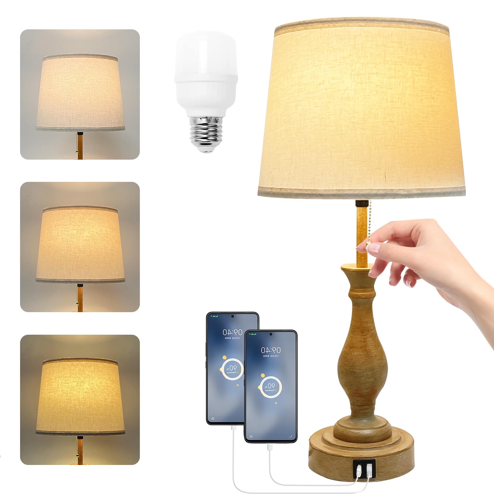 Farmhouse Table Lamp 3-Way Dimmable Table Lamp, Modern Nightstand Lamp with 2 USB Port Pull Chain Bedside Desk Lamp with Fabric 