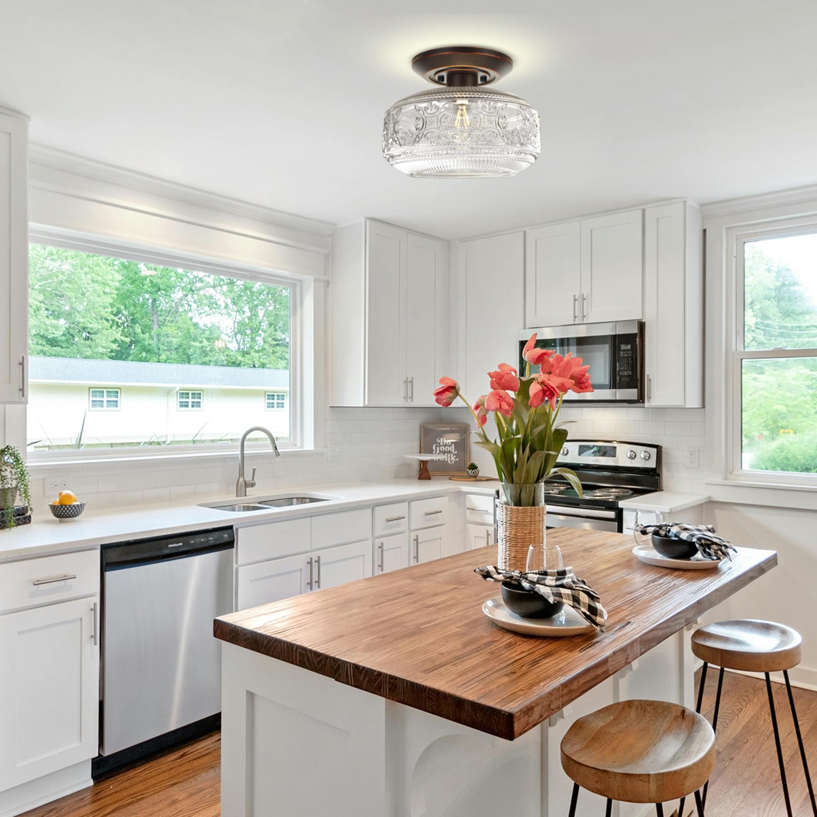 KnLnny Ware Flush Mount Ceiling Light, Oil Rubbed Bronze, Glass Shade, 9W Bulb Included, 9 Inch, for Hallway, Porch, Kitchen, Bedroom