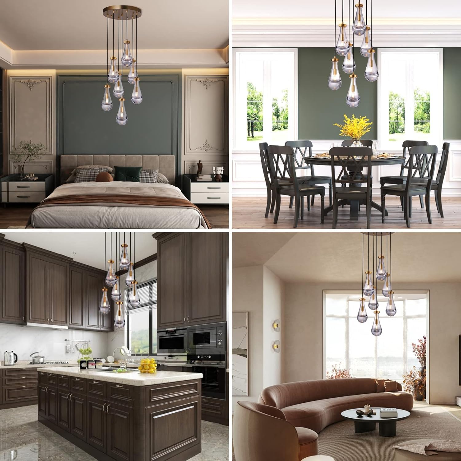 Joyunleo 7 Light Raindrop Chandeliers  Brass Teardrop Cluster Pendant Lights Kitchen Island  Gold Dining Room Chandeliers Over Table Hanging Pendant Lighting For High Ceiling  Entryway Staircase