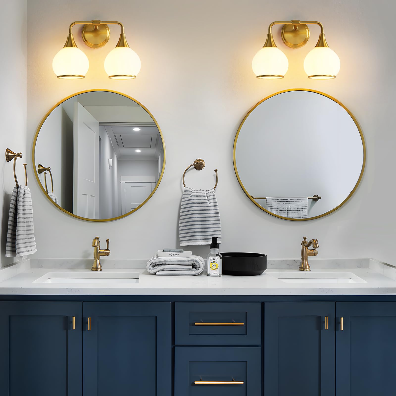 Hahzt Brushed Gold Bathroom Light Fixture, 2-Light Vanity Sconce, Milky White Frosted Glass Shade, Model 8033Ml