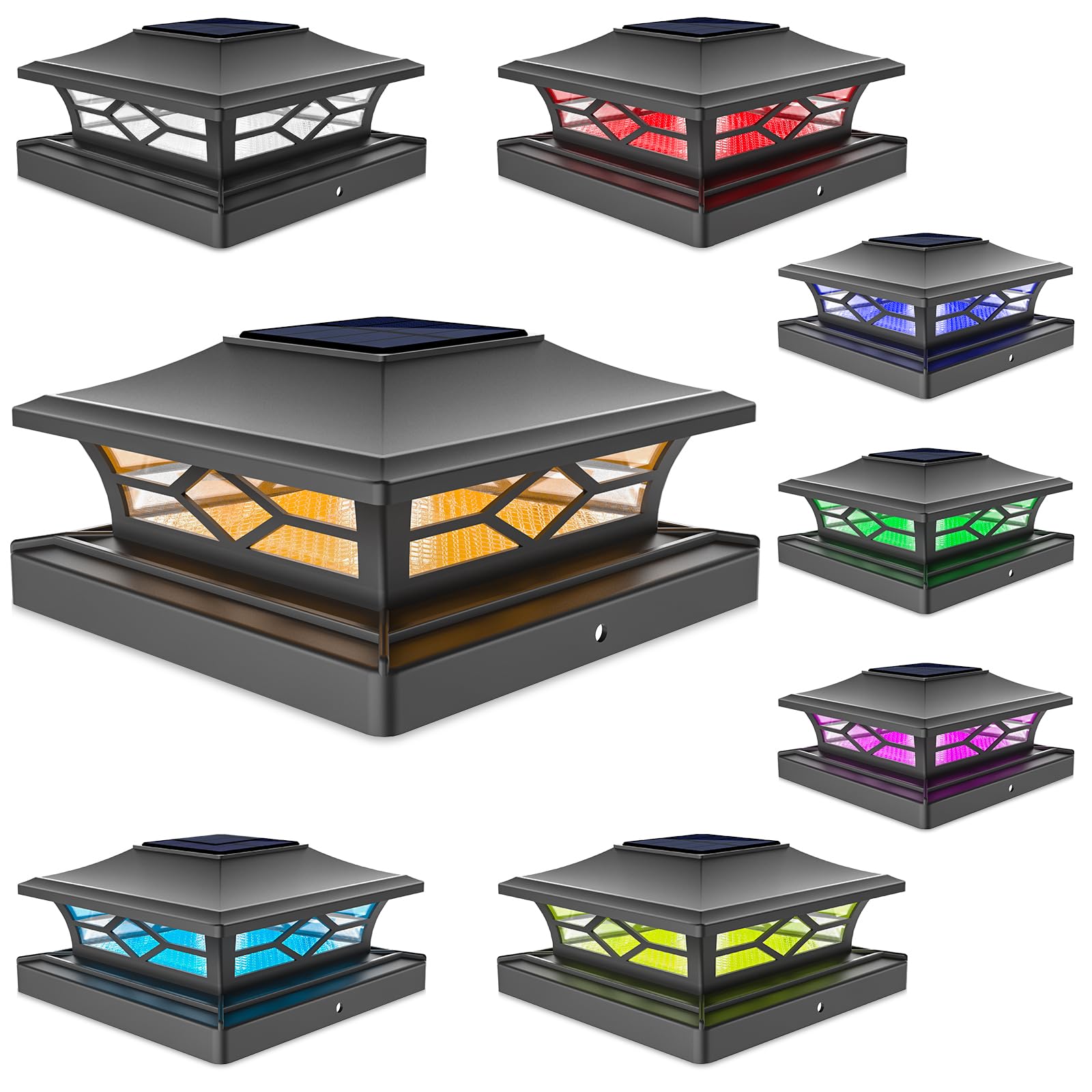 VOLISUN Solar Fence Post Cap Light, Waterproof RGB Color Changing, 8 Pack, Black, For 4x4 & 6 Wooden or Vinyl Posts