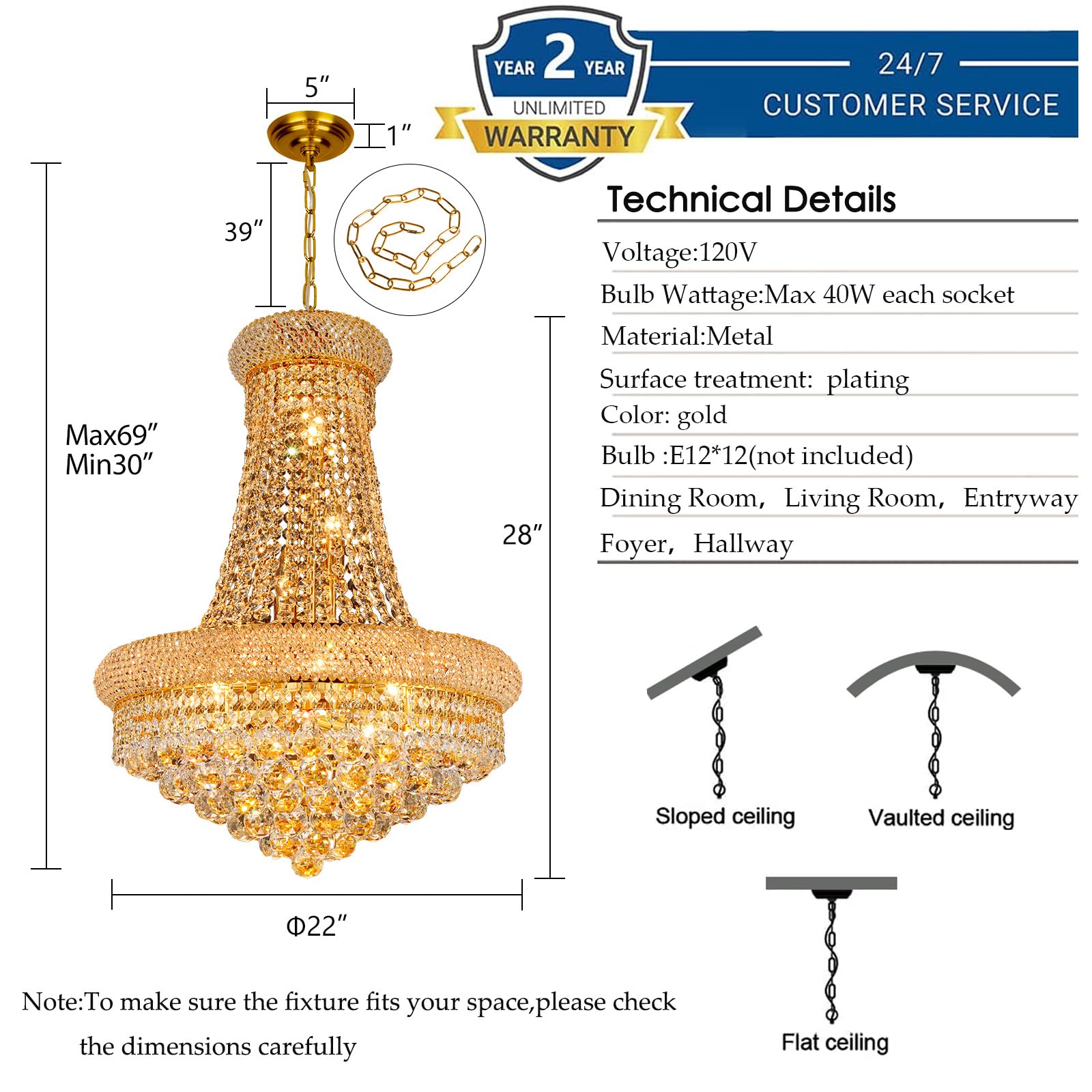 Gifarich Crystal Chandelier, 12 Lights D22" Empire Style, Gold K9 Crystal Lighting Fixture for Dining Room, Entryway, Foyer