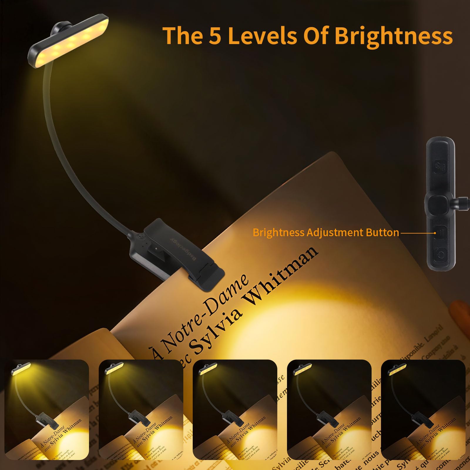 Bsdgeclogy 9 LED Rechargeable Book Light for Reading in Bed - Eye Caring with 3 Color Temperatures, Stepless Dimming Brightness,
