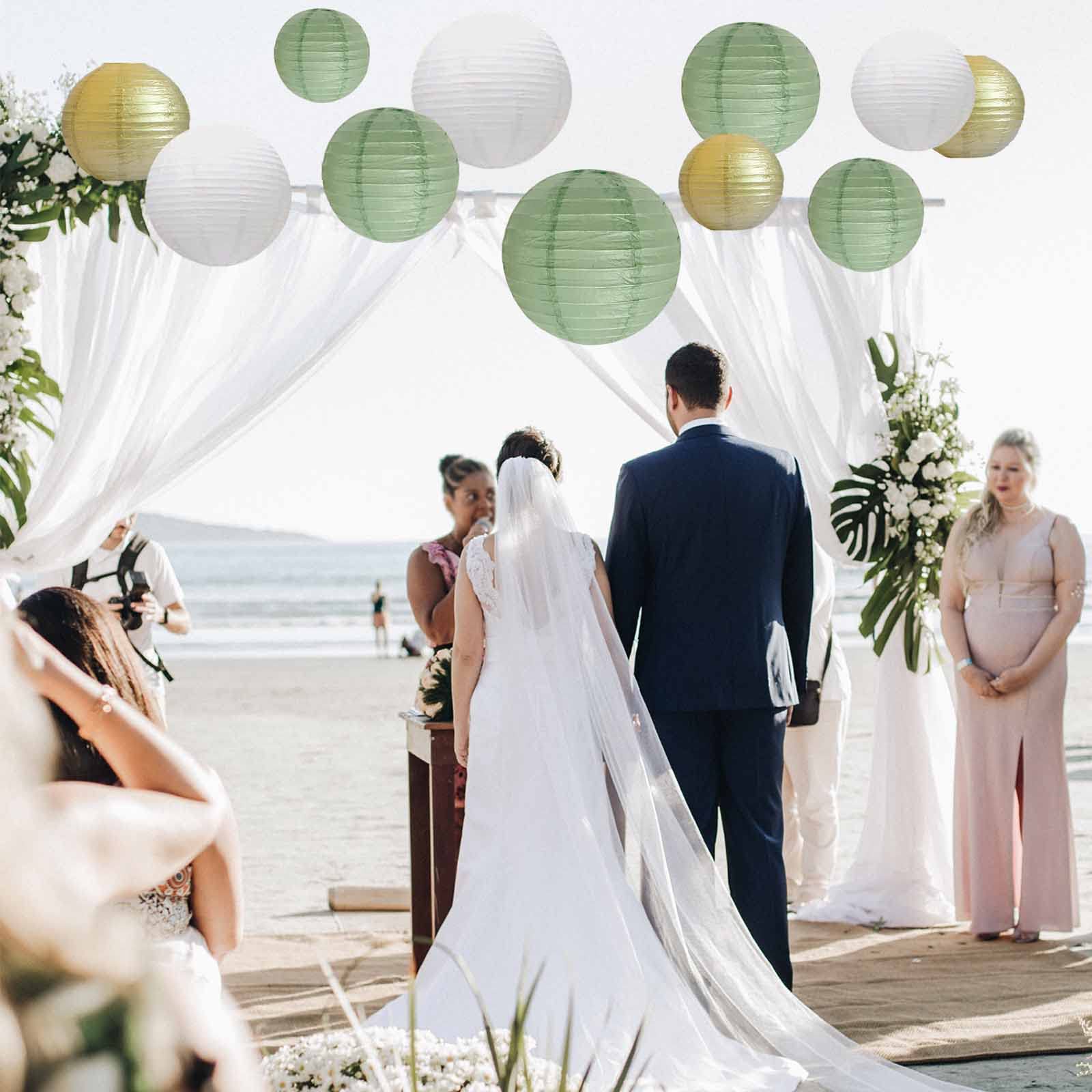 Ansomo Sage Green White And Gold Paper Lanterns Party Decorations Chinese Japanese Hanging Decorative Birthday Baby Shower Bridal Wedding Greenery Neutral Home Décor 12 Pcs 12" 10" 8" 6"