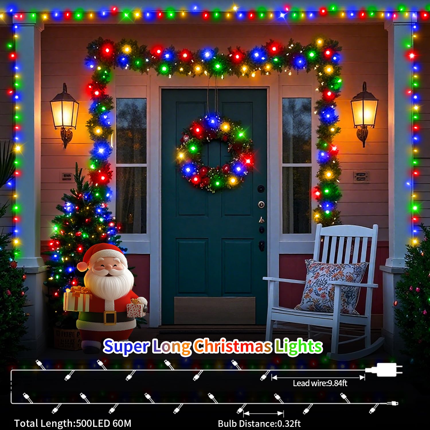 200 Ft 500 Led Christmas Lights Outdoor Fairy Lights Plug In Extra Long String Lights Clear Wire Waterproof 8 Modes Timer For Outside House Tree Garden Yard Wedding Party Decorations-Multicolored