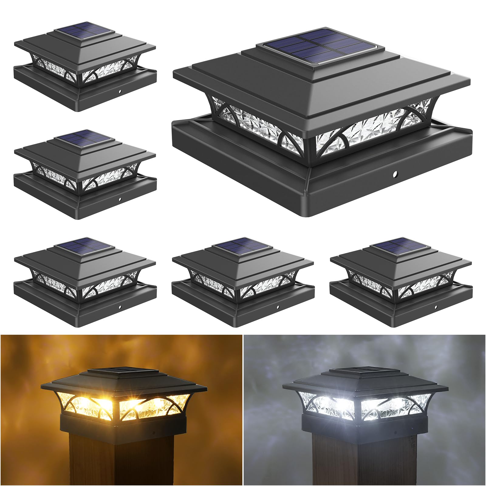 JOFIOS Solar Post Cap Lights Outdoor 6pack - Black Deck Fence Post Lights Solar Powered with 16LEDS 2 Lighting Modes, 4x4/5x5/6x