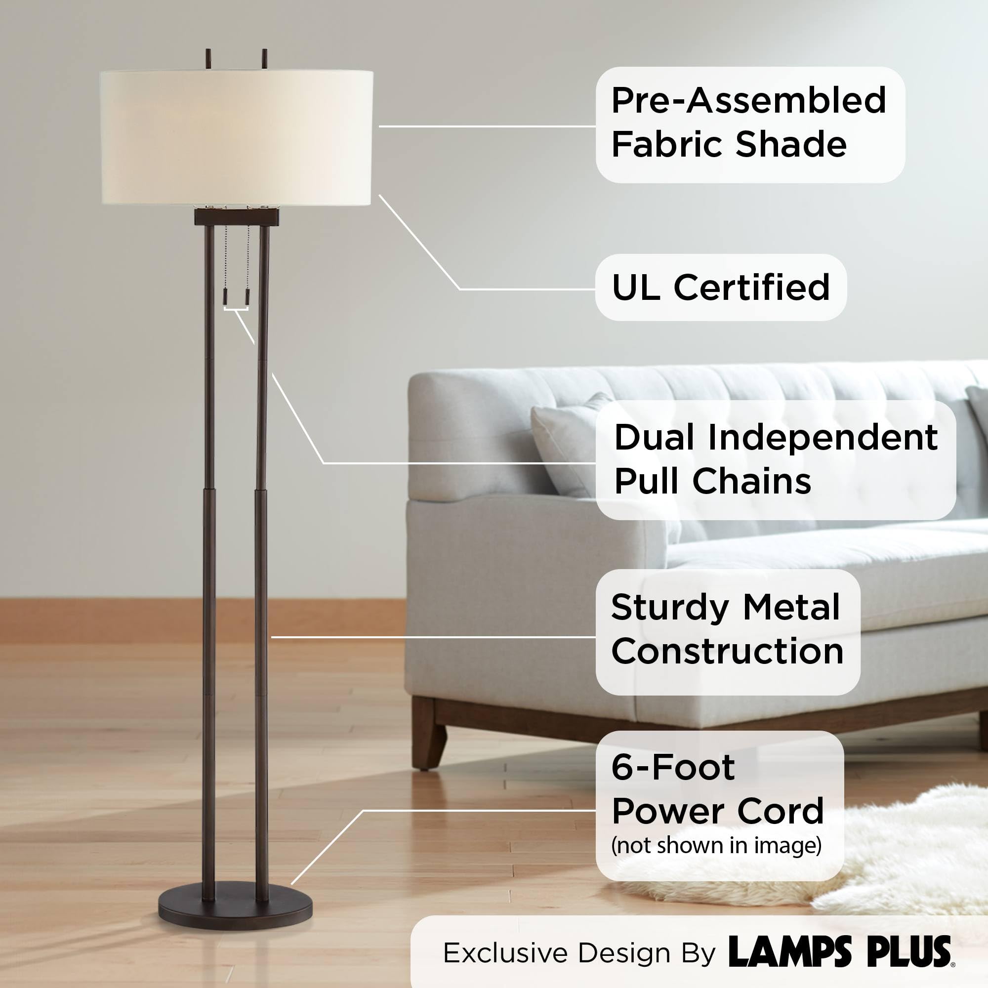 Franklin Iron Works Roscoe Floor Lamp, 62in Tall, Oil Rubbed Bronze, Brown Twin Poles, White Fabric Hardback Oval Shade, Model 1K790
