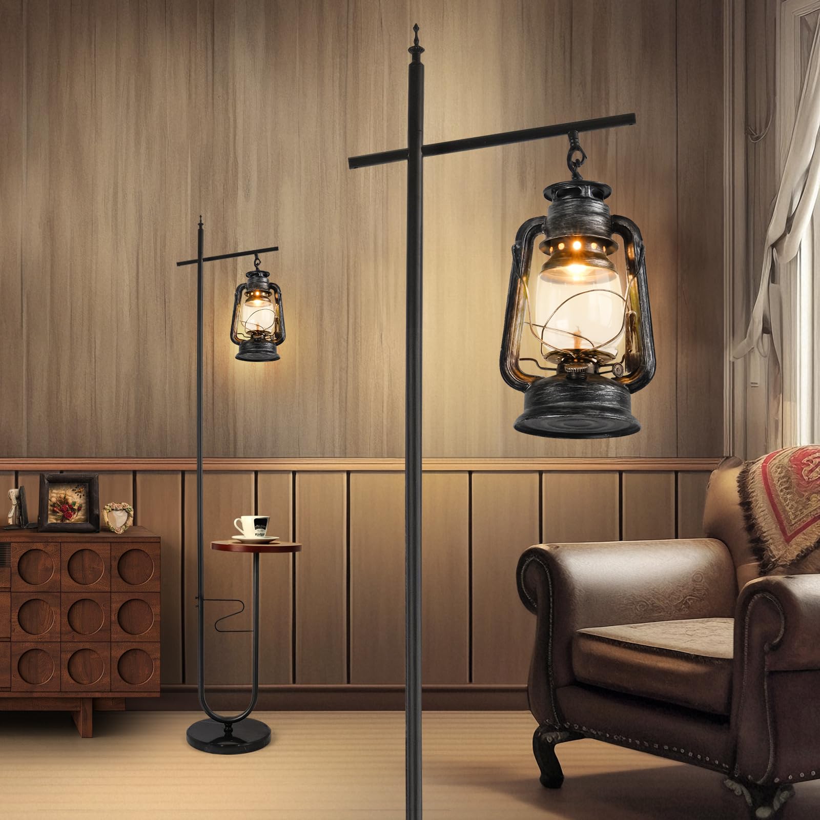 workluurop Vintage Floor Lamp with Table,Classical Lantern Standing Rustic Farmhouse Nightstand Hanging Arc Floor Lamp with Blac