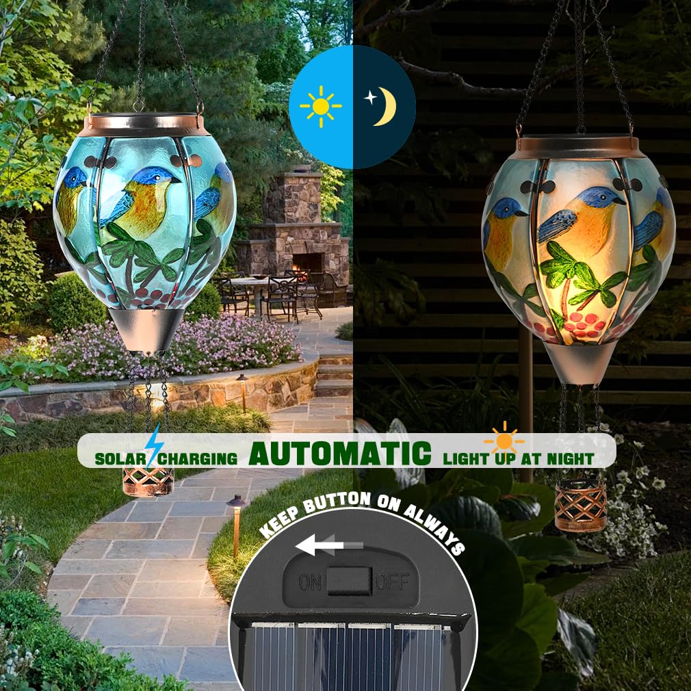 Hot Air Balloon Solar Lantern - Bluebird Glass Lantern  Simulated Flickering & Dancing Flame  Outdoor Hanging Yard Light Waterproof Ip65 For Patio Lawn Porch Decor Gift