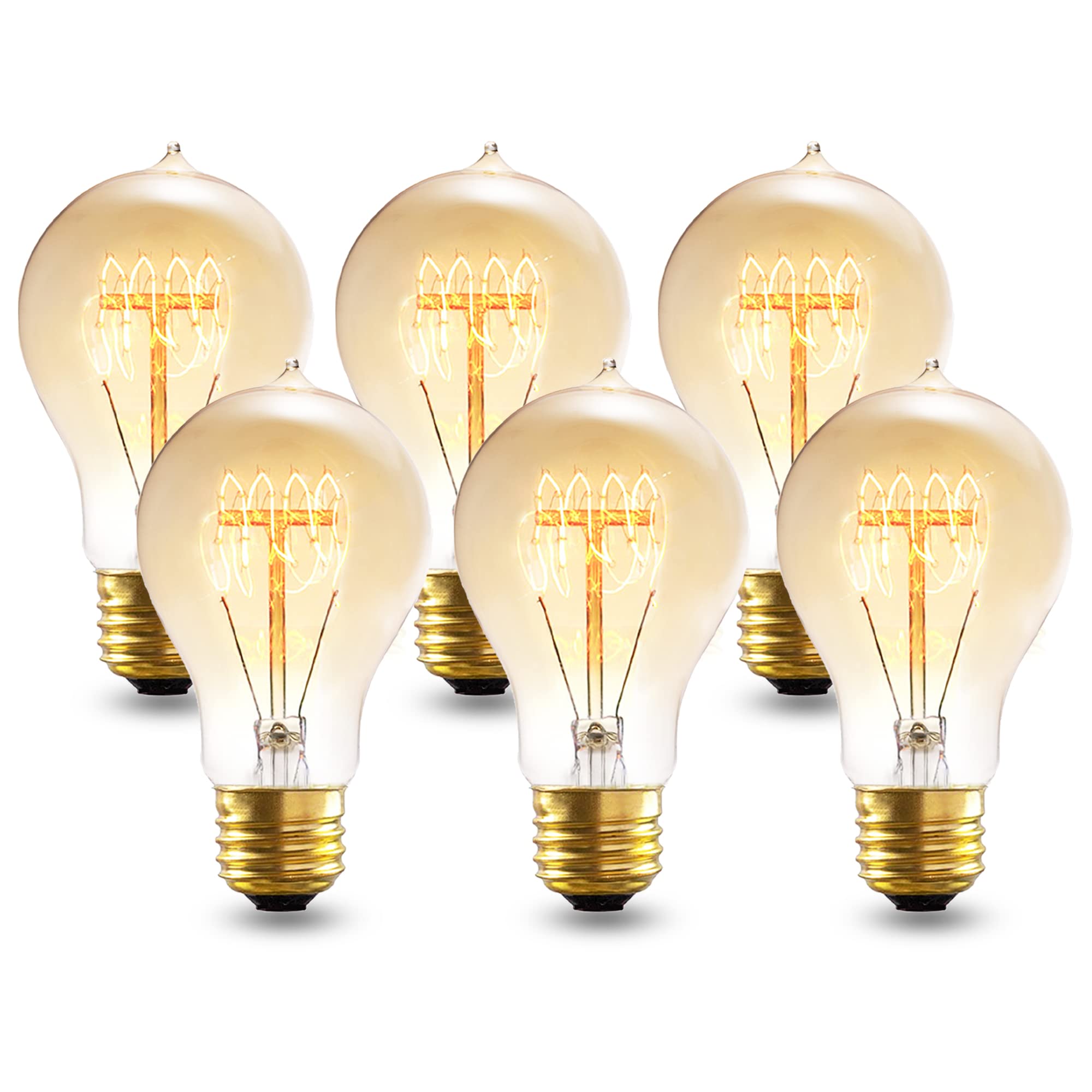 Figame A19 Edison Bulb 40W 6-Pack - Dimmable 120V Amber Glass, Antique Retro Style Old-Fashioned Incandescent Bulb, 2200K Warm Y