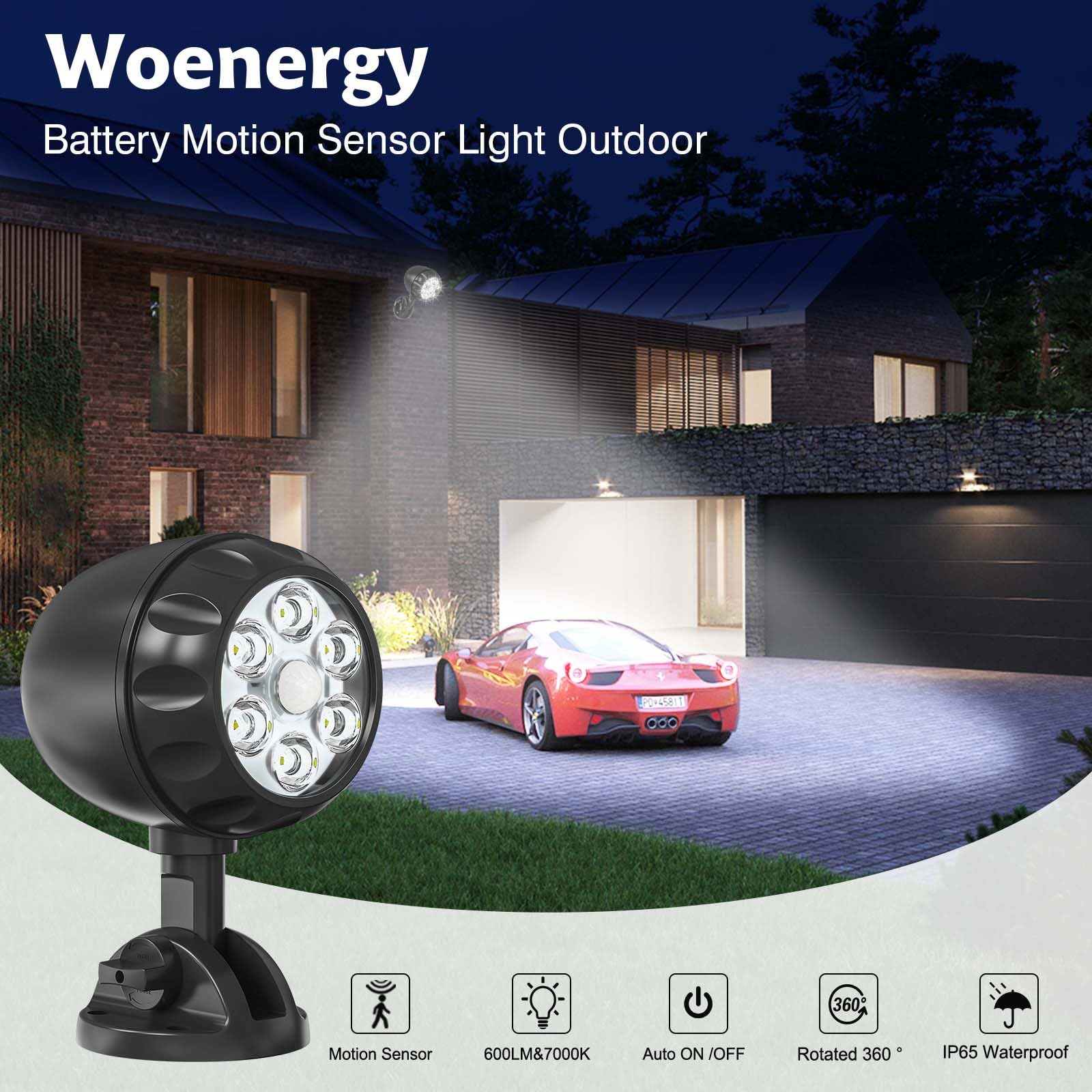 Woenergy Battery Motion Sensor Light Outdoor, 600 Lm Battery Operated Motion Lights Outdoor 6 Leds 400Sqft, 6000K Auto On Off 360° Adjustable Battery Flood Lights Outdoor Waterproof, 1 Pack, Black