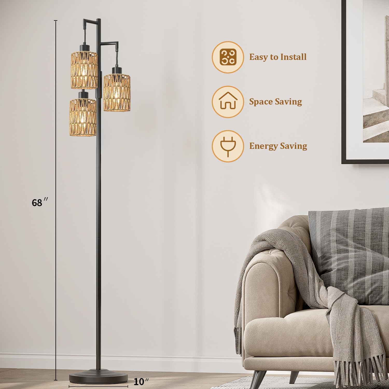 Oneach 68" Stepless Dimmable Floor Lamp, Black Rattan, Tall Industrial Design for Living Room, Bedroom, Office, Model AMZ-F1175BK-3-NEW