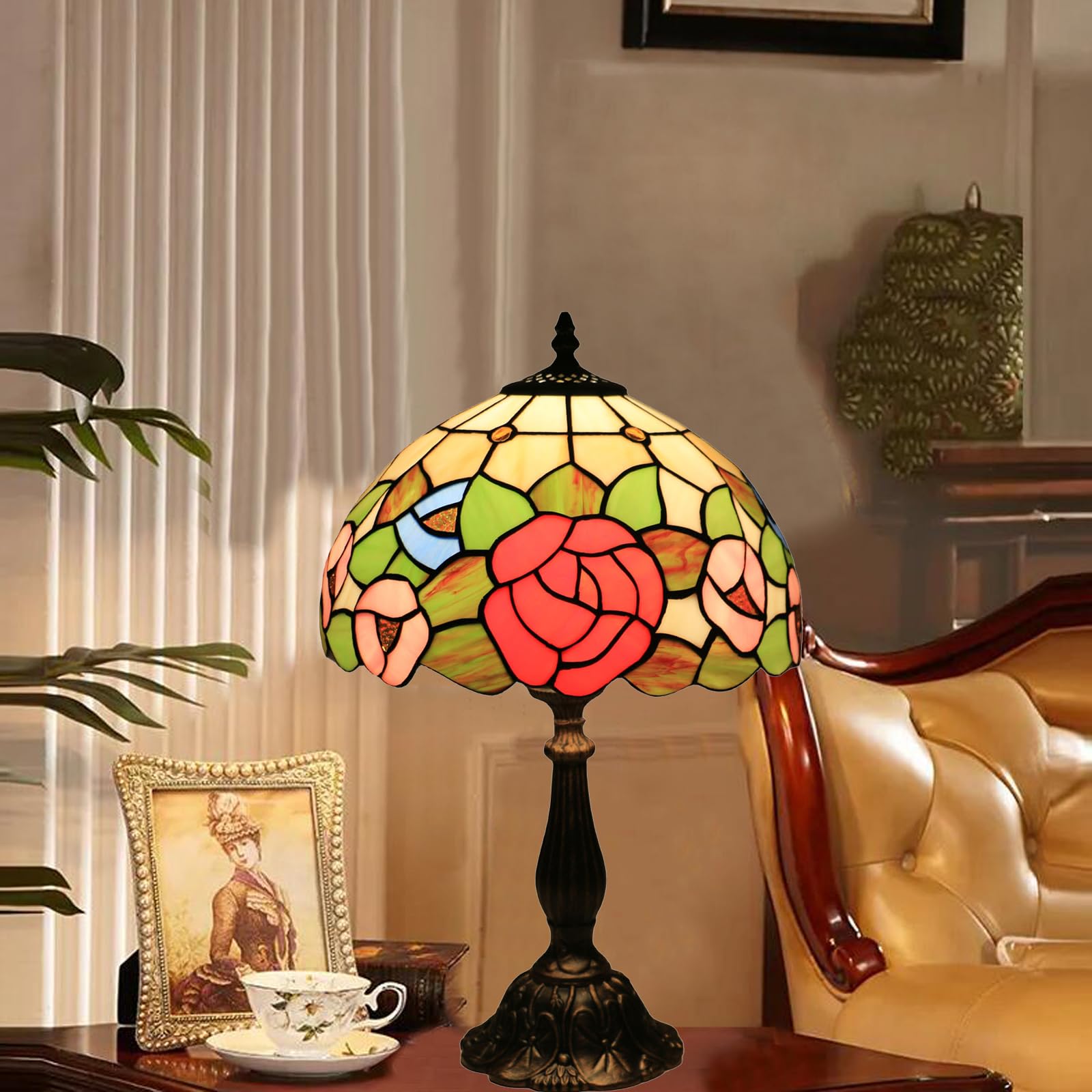 Tuomoxte Tiffany Style Table Lamp, Stained Glass Bedside Lamp, Handmade Antique Desk Lamp, Red Rose Pattern, For Living Room Bed