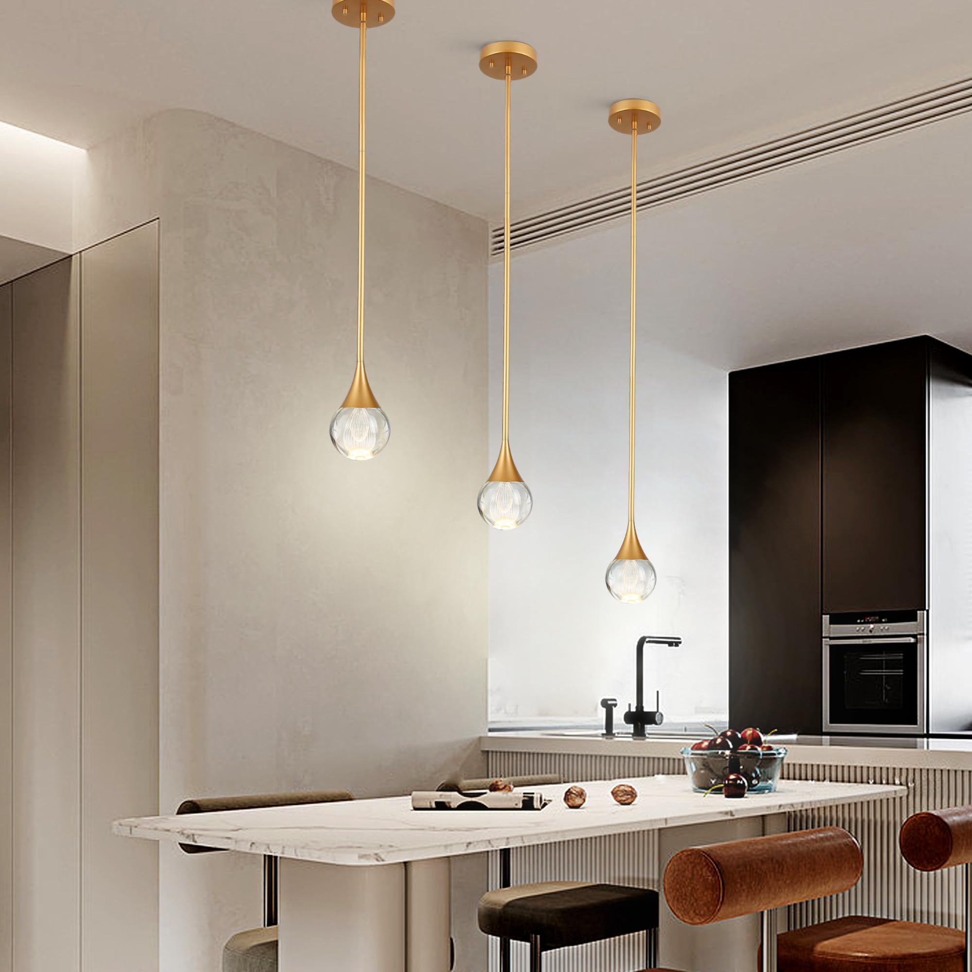 Eanloly 3-Pendant Lights Kitchen Island, Brass Gold Globe Crystal Ceiling Hanging Light Fxitures, Led Light Fixtures Metal Rod C