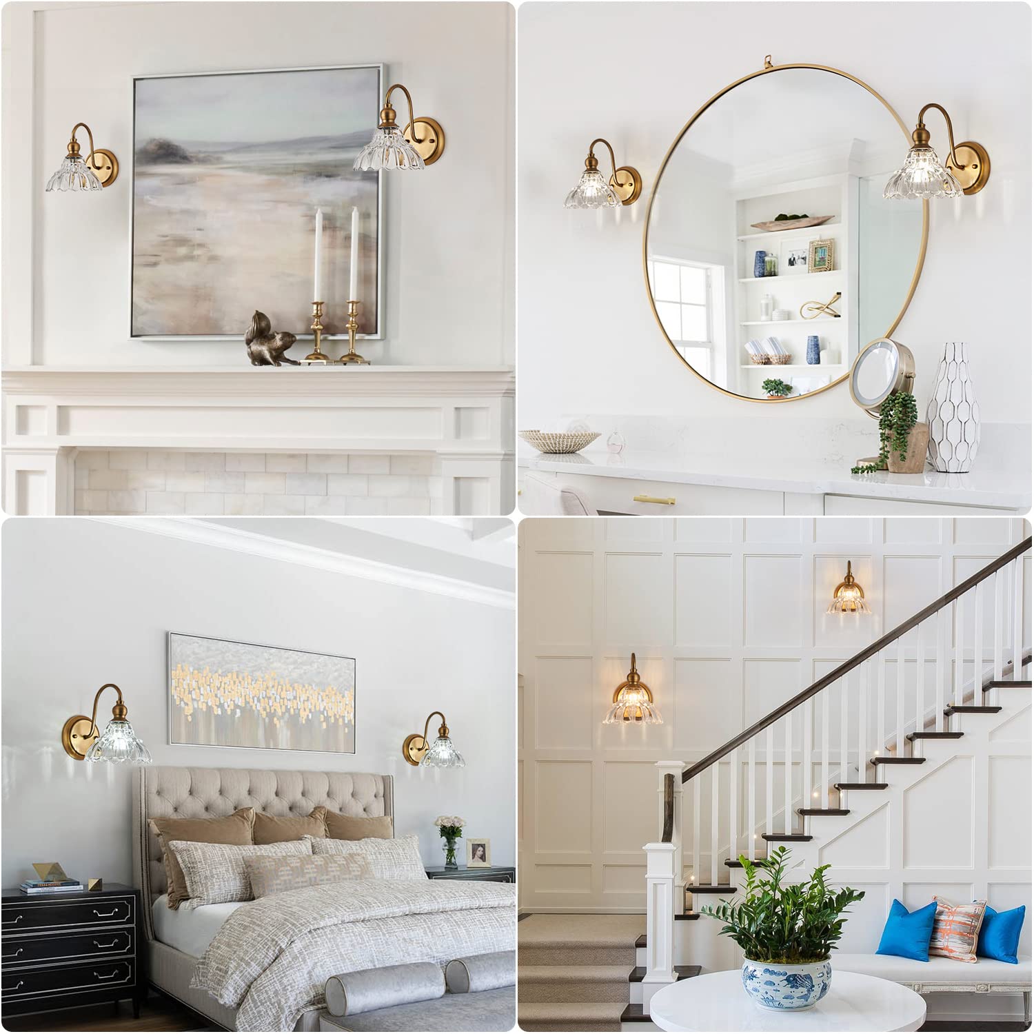 TLOLGT 2-Pack Brass Modern Wall Sconces, Glass Lighting Fixtures for Bedroom, Bathroom, Hallway - Model XZ-W111-2P