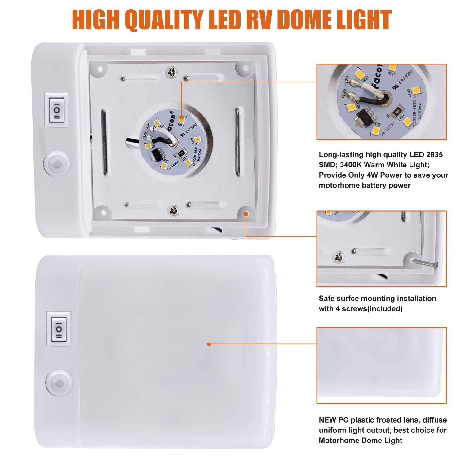 Facon 12V LED RV Interior Light with PIR Sensor & Switch, 5''x4'' Warm White Dome Light, Model GSSD-SR01