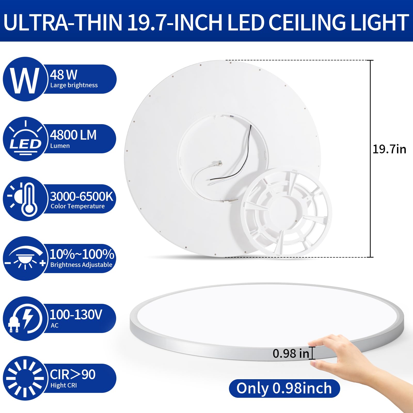 Glowall Modern 20'' Led Ceiling Light Fixture, Ultra Thin Flush Mount, Dimmable With Remote Control, 48W, 4800Lumen, Silver, Rou