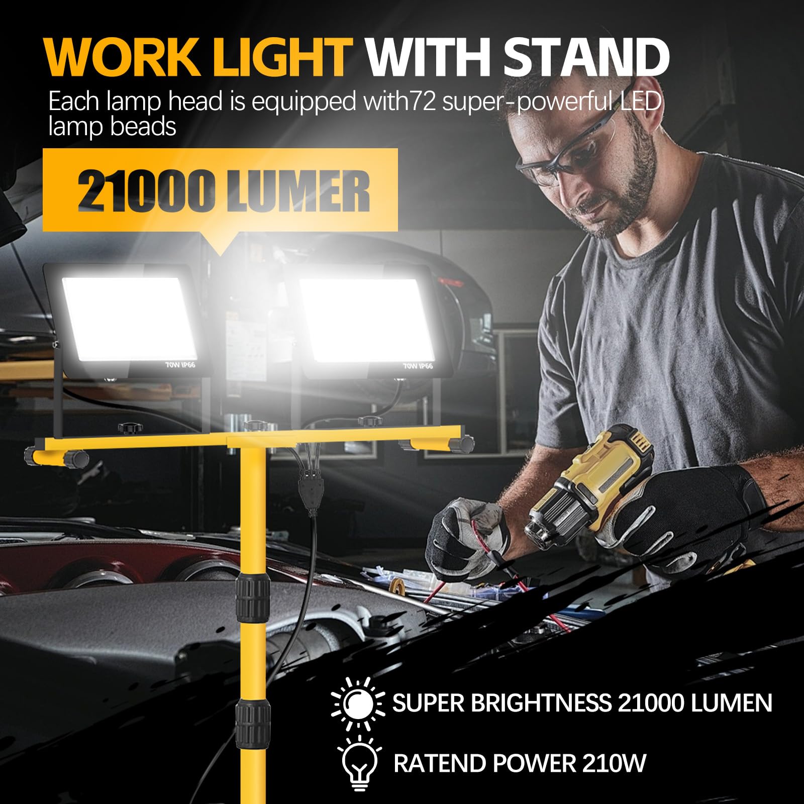 21000 Lumen Work Lights With Stand, 2 Adjustable Heads Led Work Lights, With Adjustable And Foldable Tripod Stand, Waterproof La