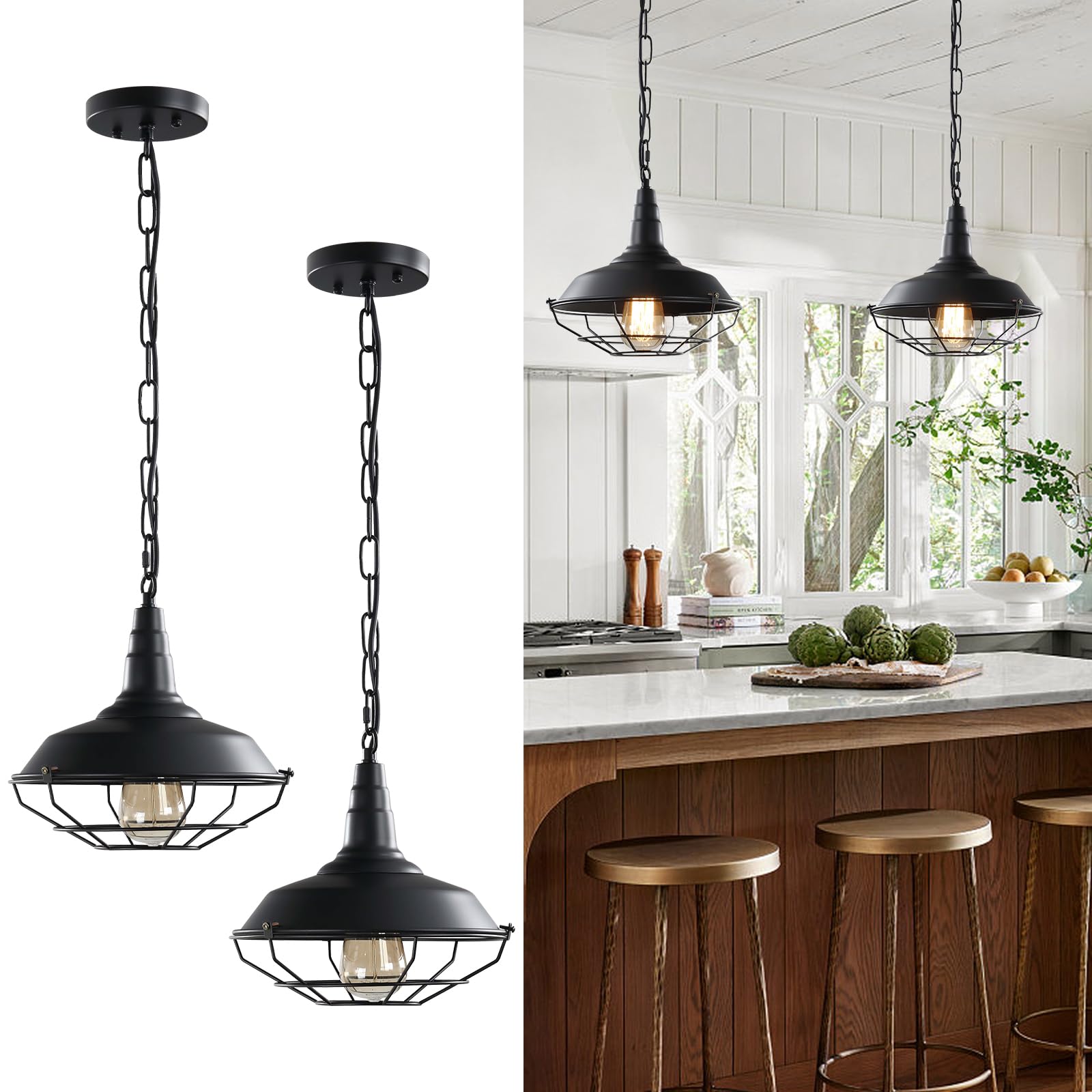 Karjearl Farmhouse Pendant Light, 11.8 Black Pendant Lighting for Kitchen Island Modern Dome Pendant Lights Wood Hanging Light F
