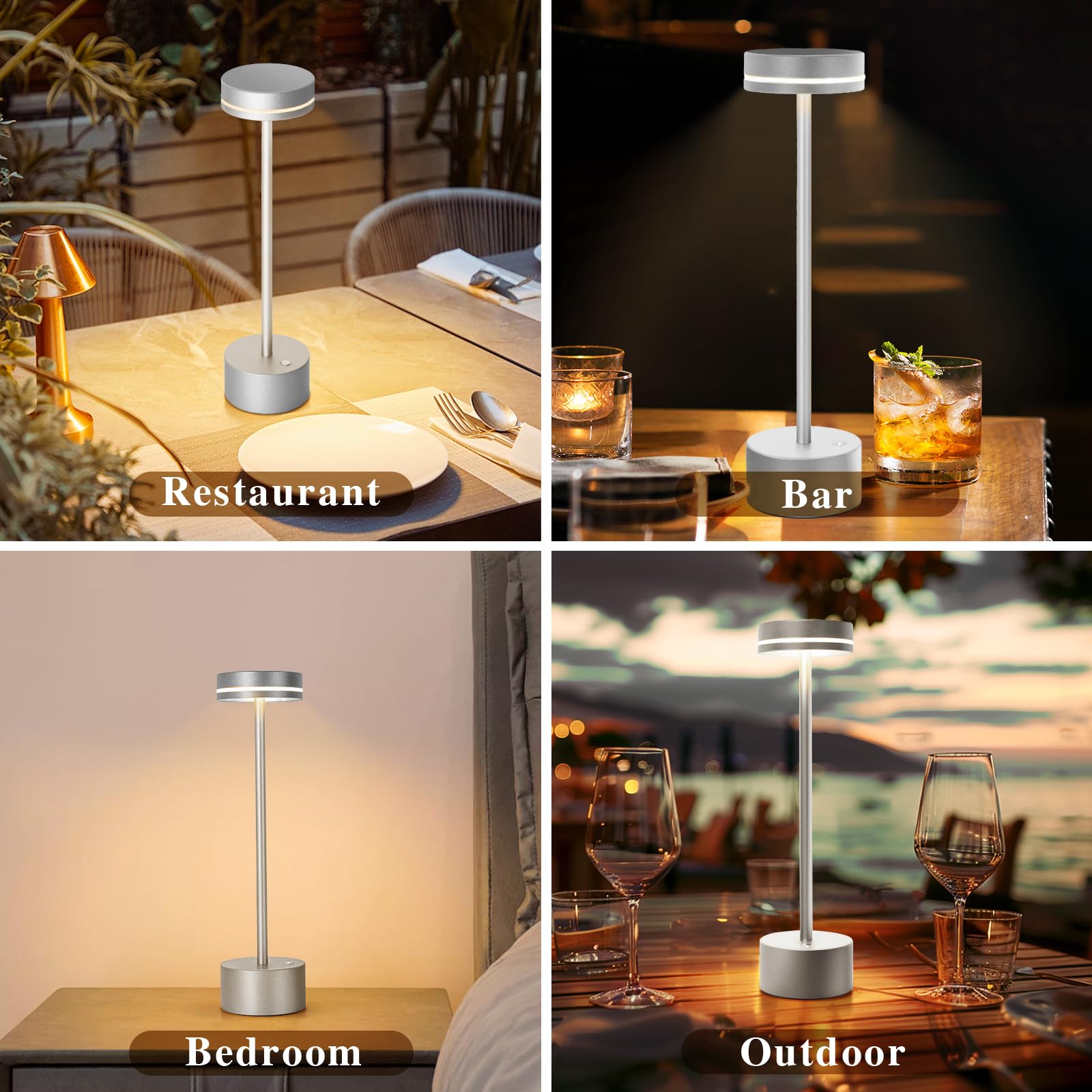 Gkeiten LED Cordless Table Lamp, Rechargeable 5000mAh, 3 Color Dimmable, Silver, Model 3
