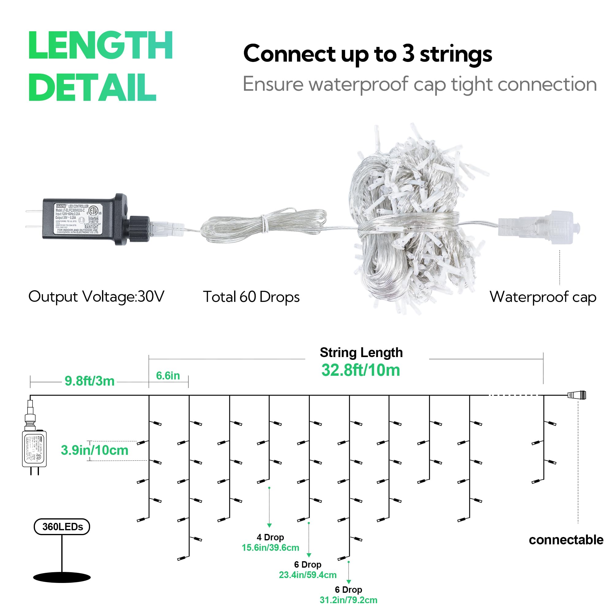 Hopolon 33Ft 360L Led Christmas Icicle Lights Outdoor Waterproof,8 Modes Plug In Curtain String Lights With 60 Drops,Christmas Lights For Wedding,Party,Bedroom,Home,Garden,Wall Decorations(Green)