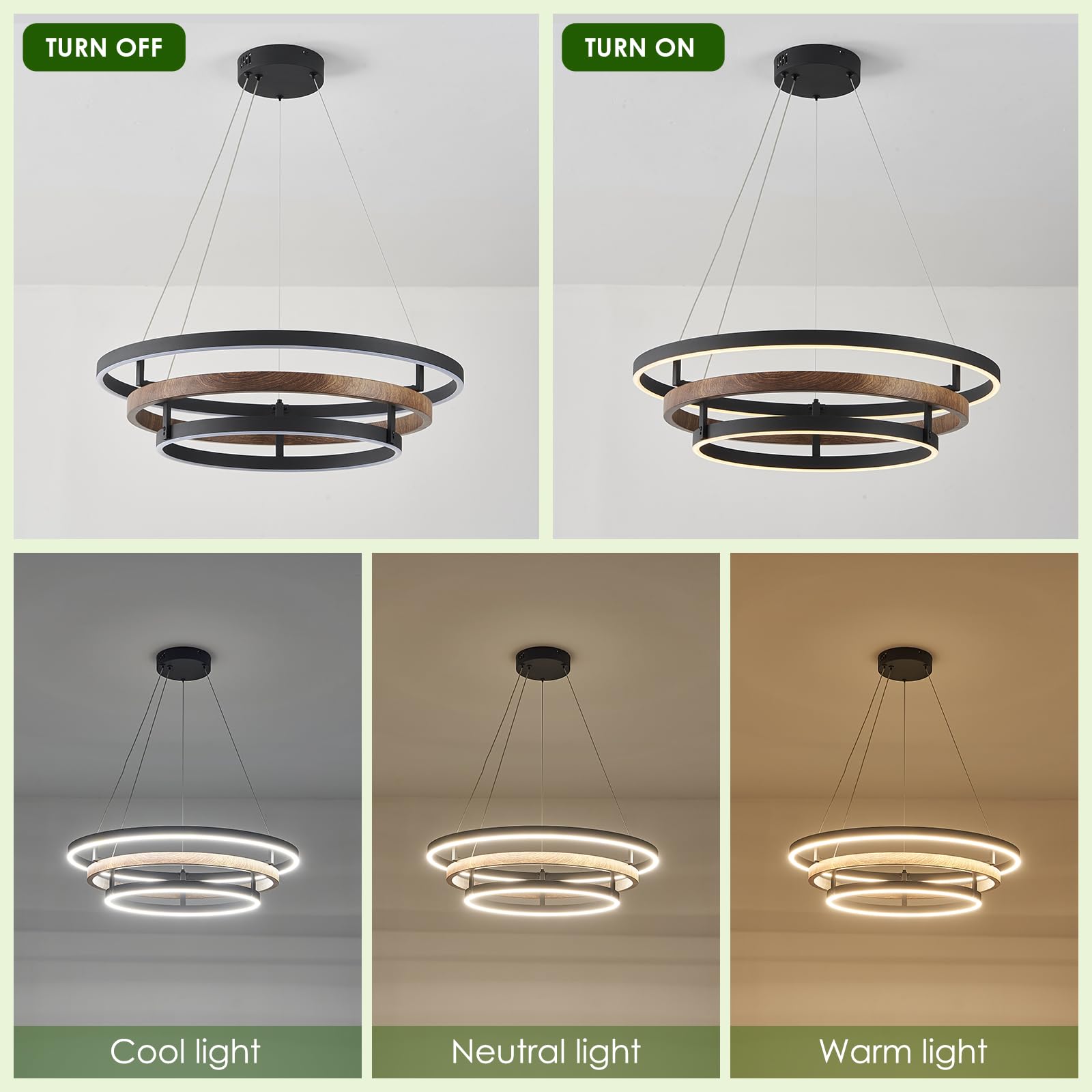 Benkut Modern LED Chandelier, Dimmable 3 Ring Pendant Light, 23.6 in, Wood Grain Black, Remote Control, High Ceiling for Dining Room & Kitchen