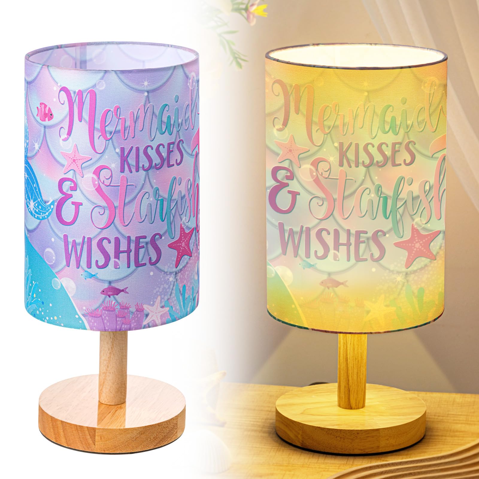 Tujoe Mermaid Lamps Summer Ocean Fabric Nightstand Table Lamp Purple Desk Lamp Bedside Gift Decor for Kids Reading Bedroom Livin