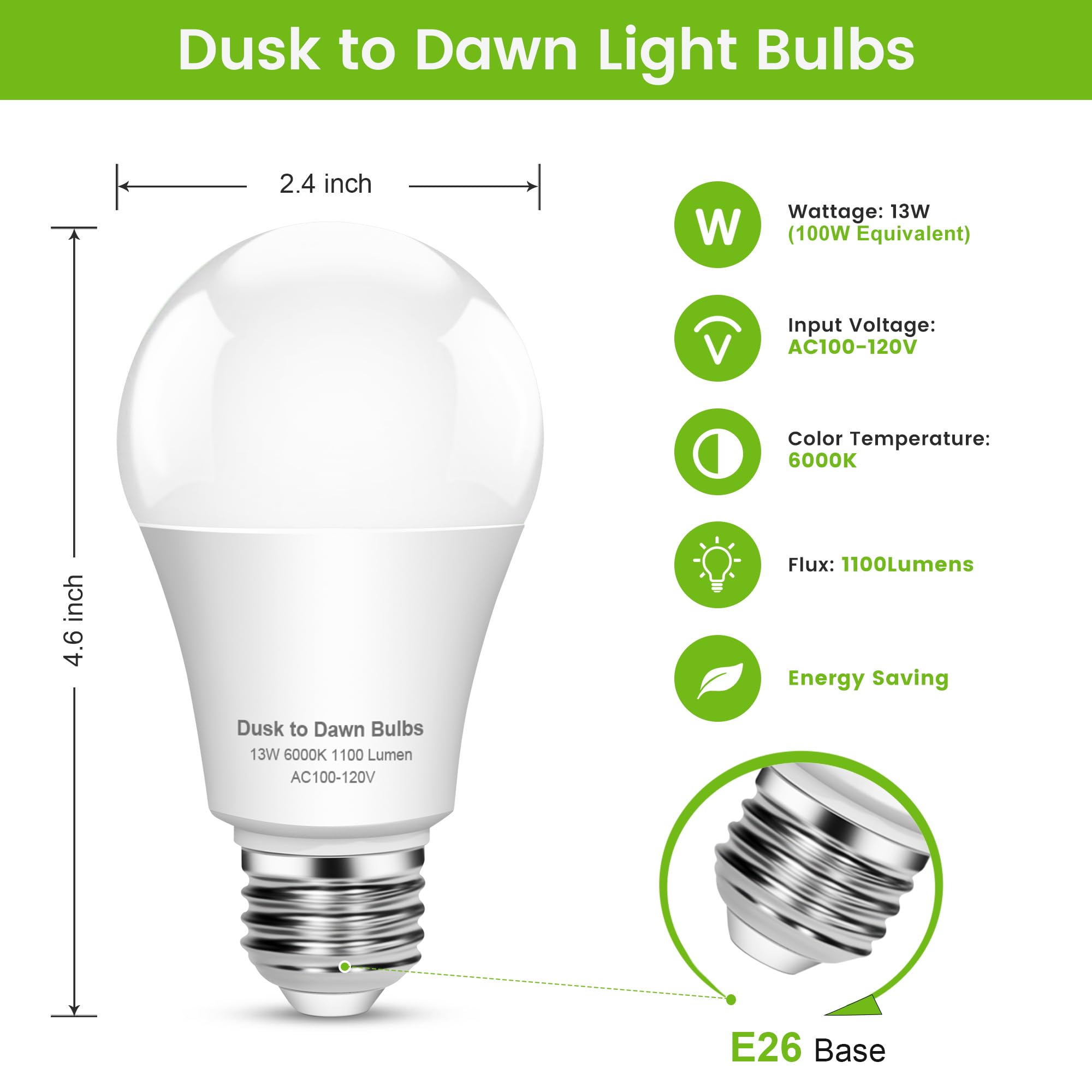 Ohlux Dusk To Dawn Outdoor Light Bulb, 13W 60W Equivalent Energy Saving A19 E26 Led Bulb, 5000K Cool White Smart Automatic On Of