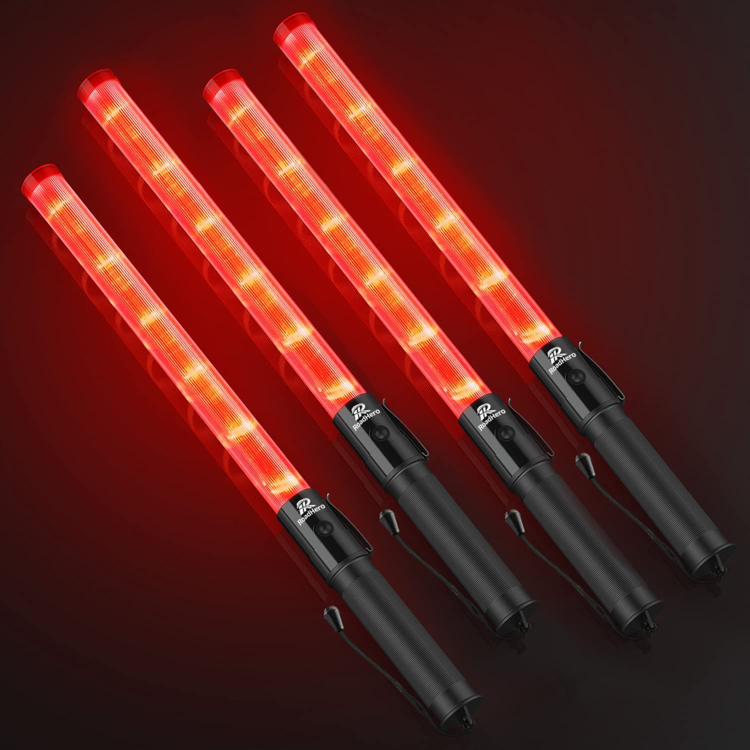 RoadHero Traffic Wand 4 Pack, 21 Inch LED Safety Light Baton, 2 Flashing Modes, Red, Model 54*3