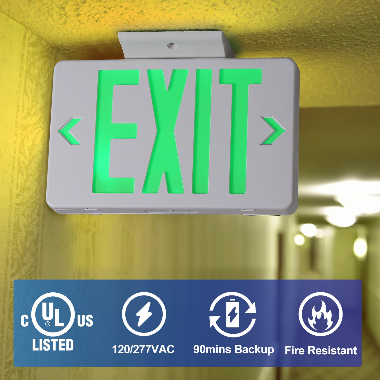 TANLUX LED Emergency Exit Sign with Battery Backup, UL Listed, Hardwired, Green, 1 Pack, Model TL-EX127GE-1